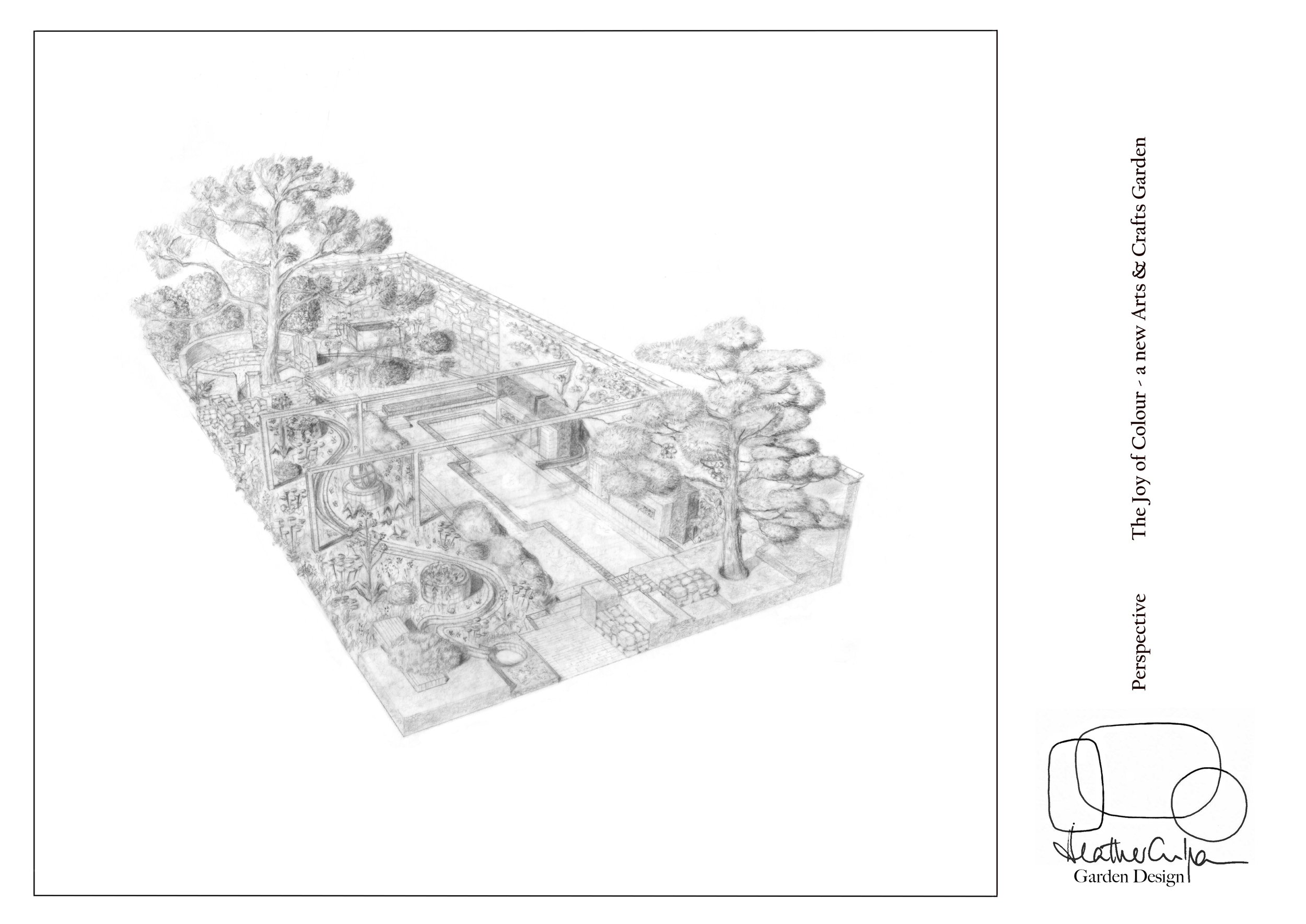 A grayscale perspective sketch of a garden design featuring trees, pathways, and various garden sections, with a signature at the bottom right corner.