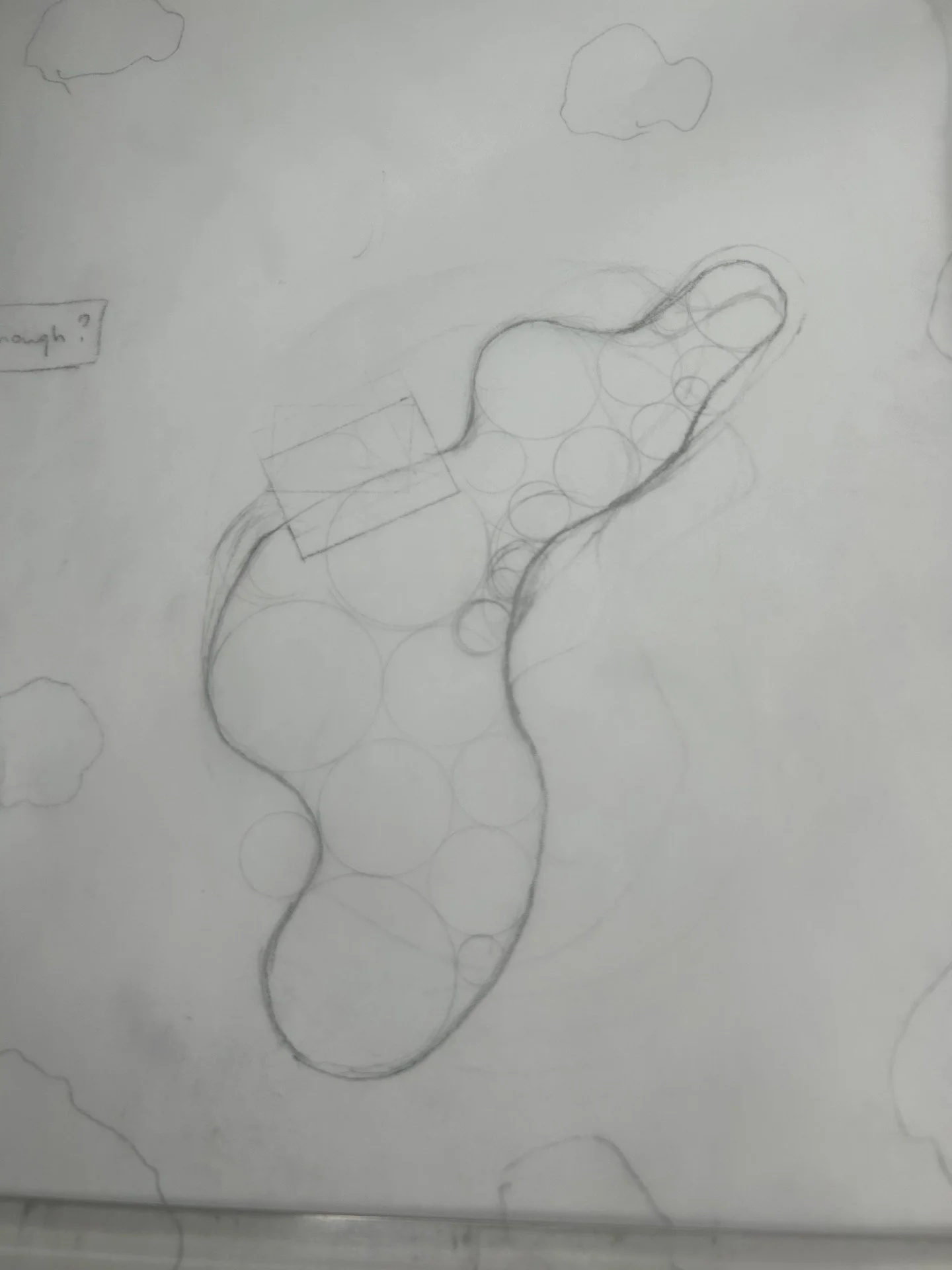 Sketch of a curving path filled with circles of varying sizes, clouds in the background, and some faint annotations.