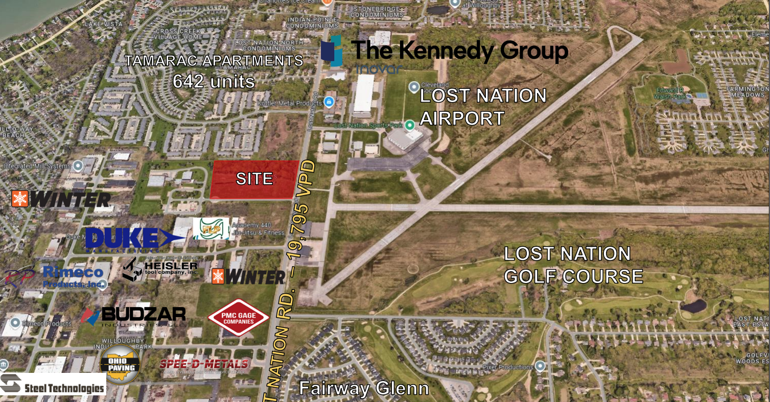 Aerial map showing a commercial and industrial area with labeled sites, businesses, and landmarks including Lost Nation Airport, Lost Nation Golf Course, and Tamarac Apartments. Highlights include a red site area, several company logos, and roads like I-79/95 VPD.