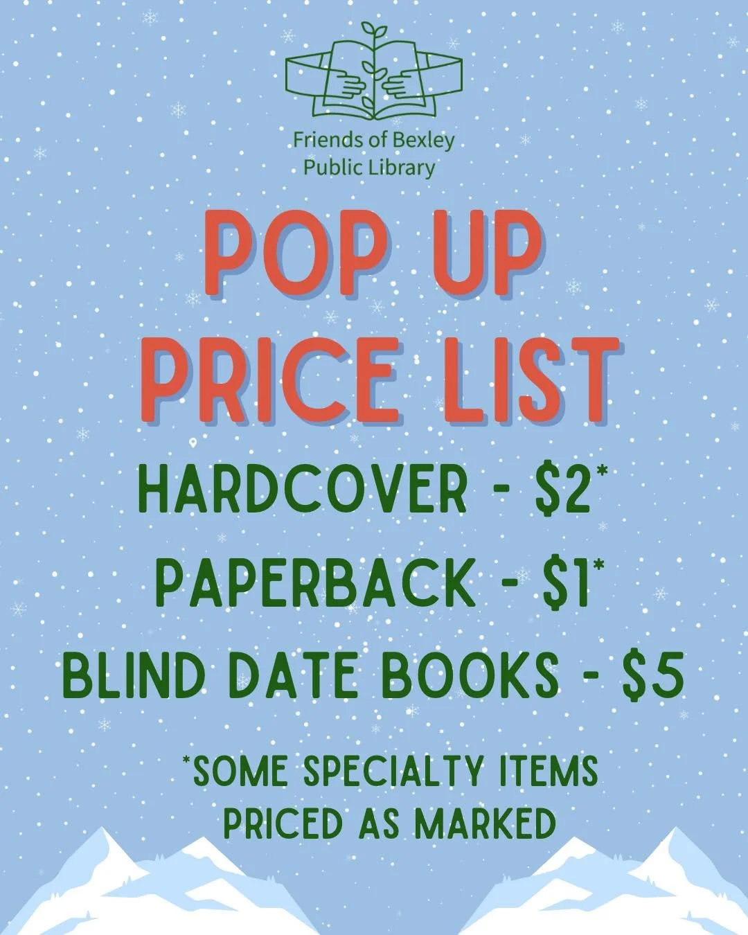 We&rsquo;re ready for our Holiday Pop Up! Our pricing will be similar to our seasonal book sales, though there will be some specialty items that will have a sticker to denote their price. You&rsquo;ll be able to pay with cash or your credit/debit car