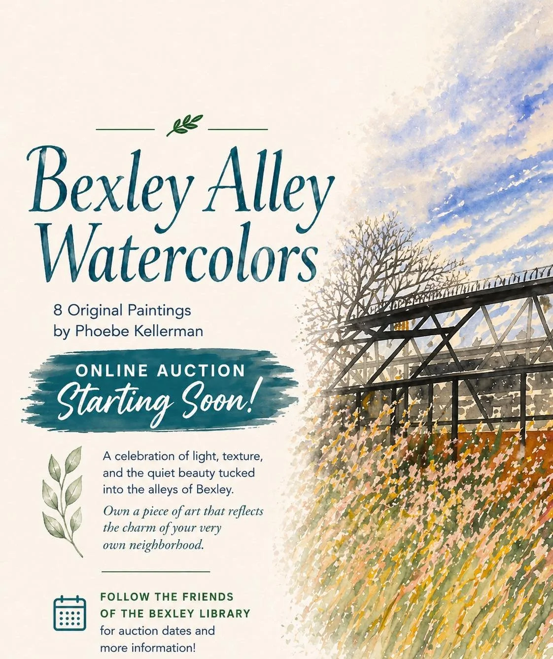 We&rsquo;re getting ready to launch an online auction featuring 8 original watercolor paintings by local artist Phoebe Kellerman, inspired by scenes from around Bexley as part of the loveyouralley_bexley initiative. Phoebe has generously donated her 