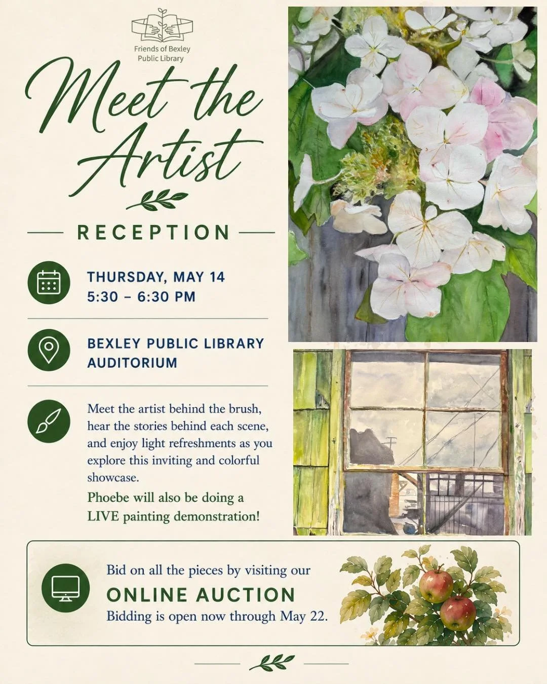 Meet the artist behind the brush, hear the stories behind each scene, and enjoy light refreshments as you explore this inviting and colorful showcase of Bexley&rsquo;s alleys. Phoebe will also be doing a LIVE painting demonstration!

See all of the p