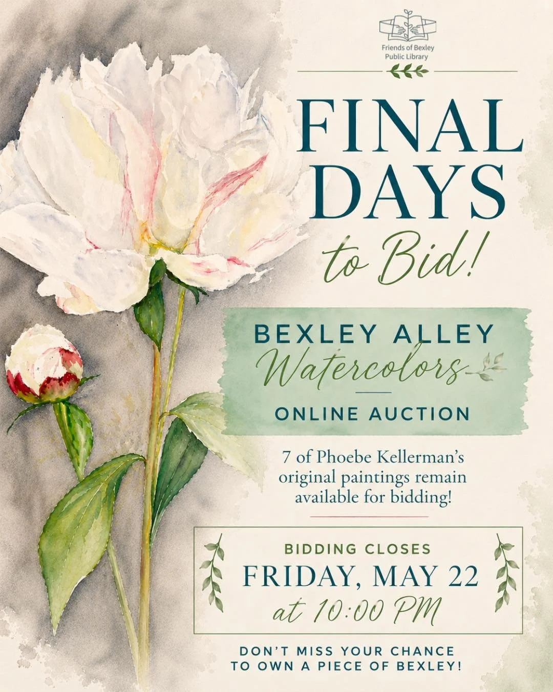 ⏳ **Final days to bid!**

There&rsquo;s still time to own an original piece of Bexley.

Our Bexley Alley Watercolors Online Auction is entering its final stretch, and 7 of Phoebe Kellerman&rsquo;s original watercolor paintings remain available for bi