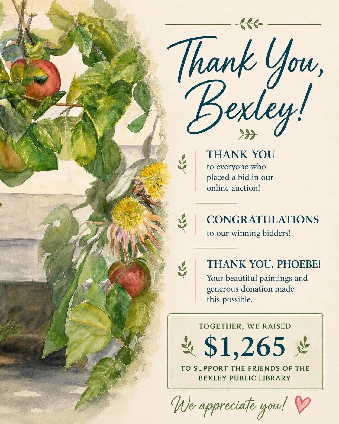 💚 Thank you, Bexley!

What started as a generous donation of local art became something even more meaningful&mdash;a community coming together to support the library.
Thanks to everyone who viewed the collection, shared the auction, and placed bids,