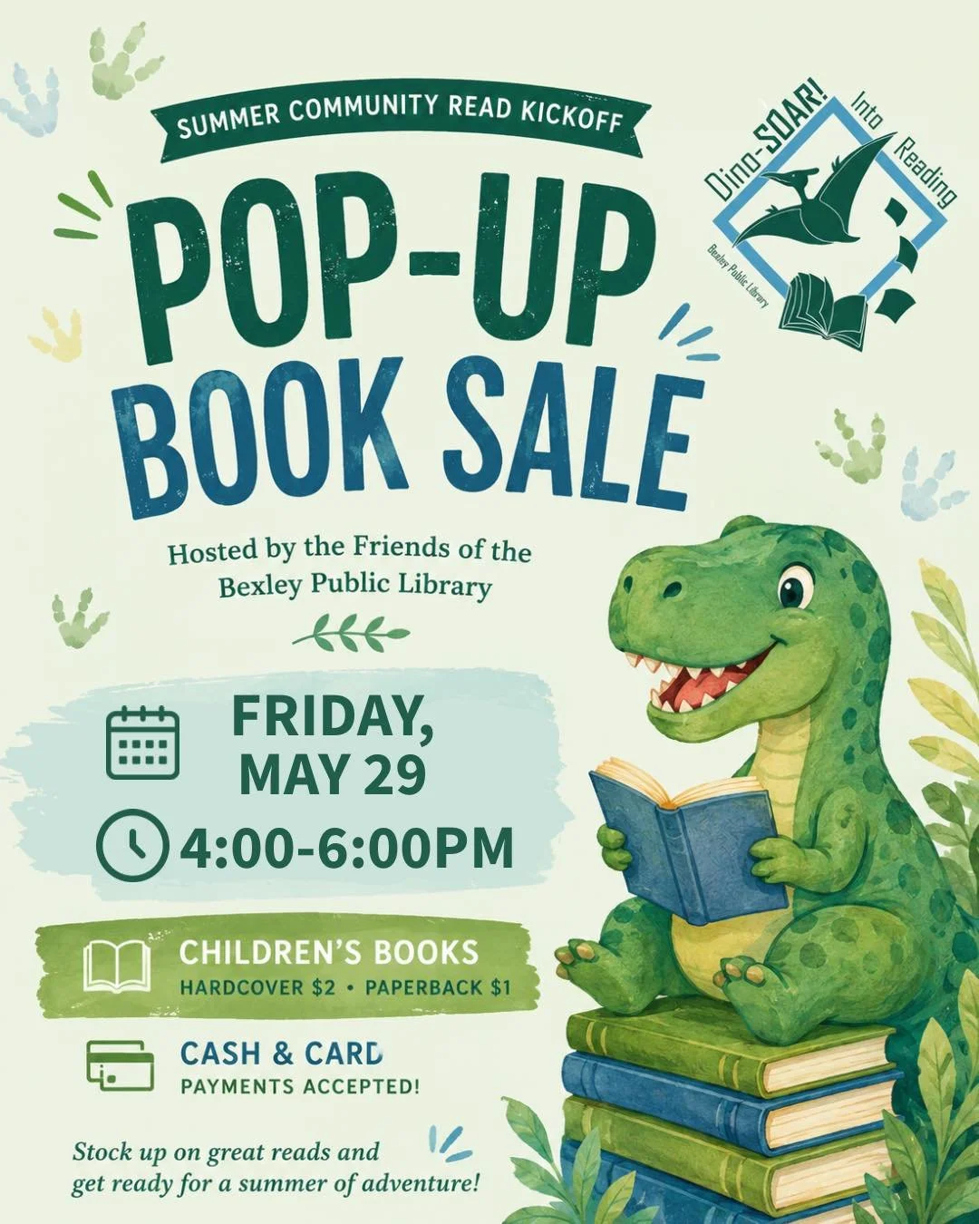 🦕📚 Dino-SOAR into summer reading with us!
 Stop by the **Friends of the Bexley Public Library Pop Up Book Sale** during the **Summer Community Read Kickoff** and stock up on books for summer adventures.

We&rsquo;ll have gently loved children&rsquo