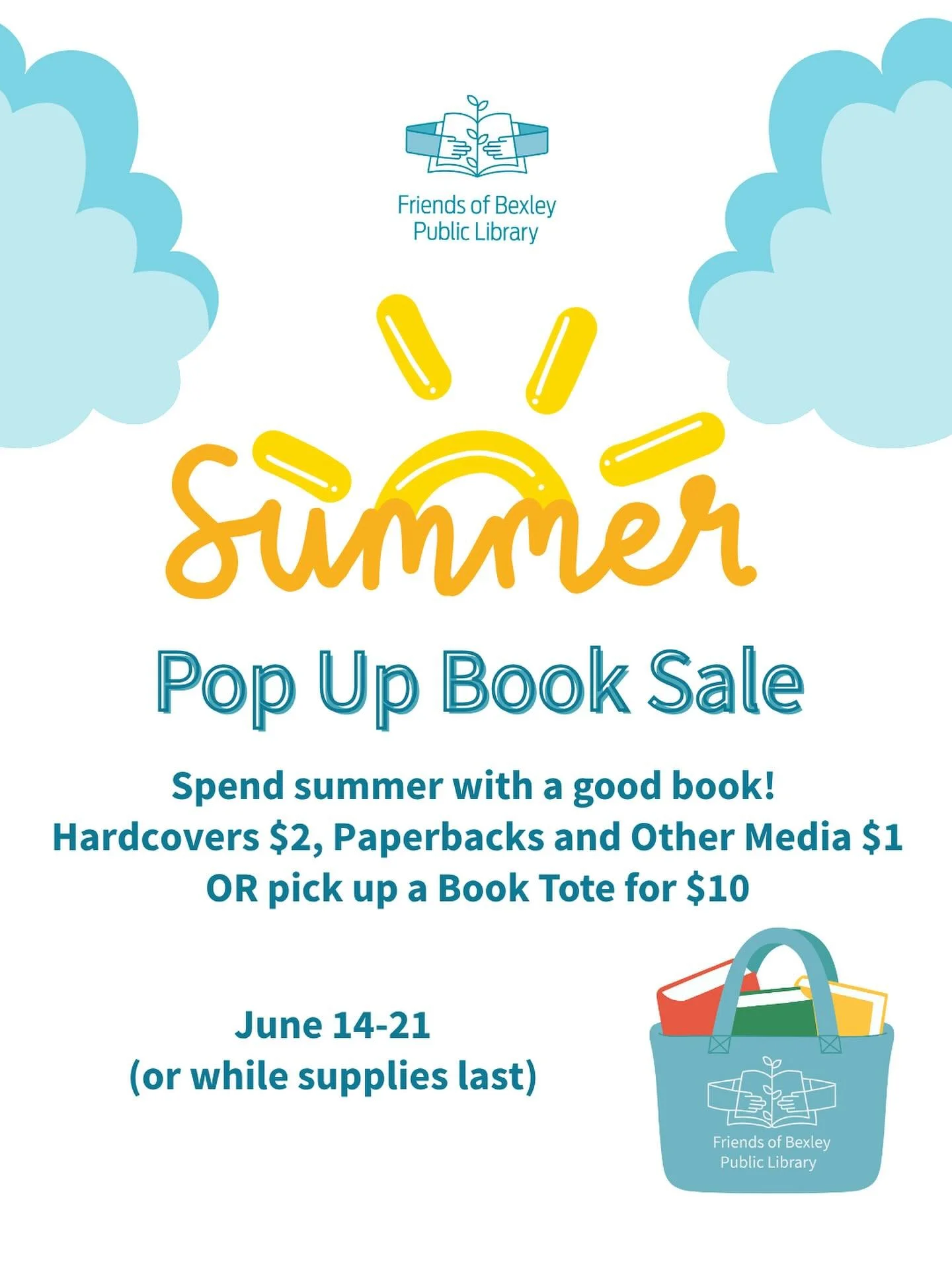 Spend summer with a good book from the Summer Pop Up Book Sale. ☀️📚

Prices:
$10 - Book Tote
$2 - Hardcovers
$1 Paperbacks
$1 Other Media

Shop the pop up book sale from June 14-21, or while supplies last. Cash can be placed in cash box to right of 