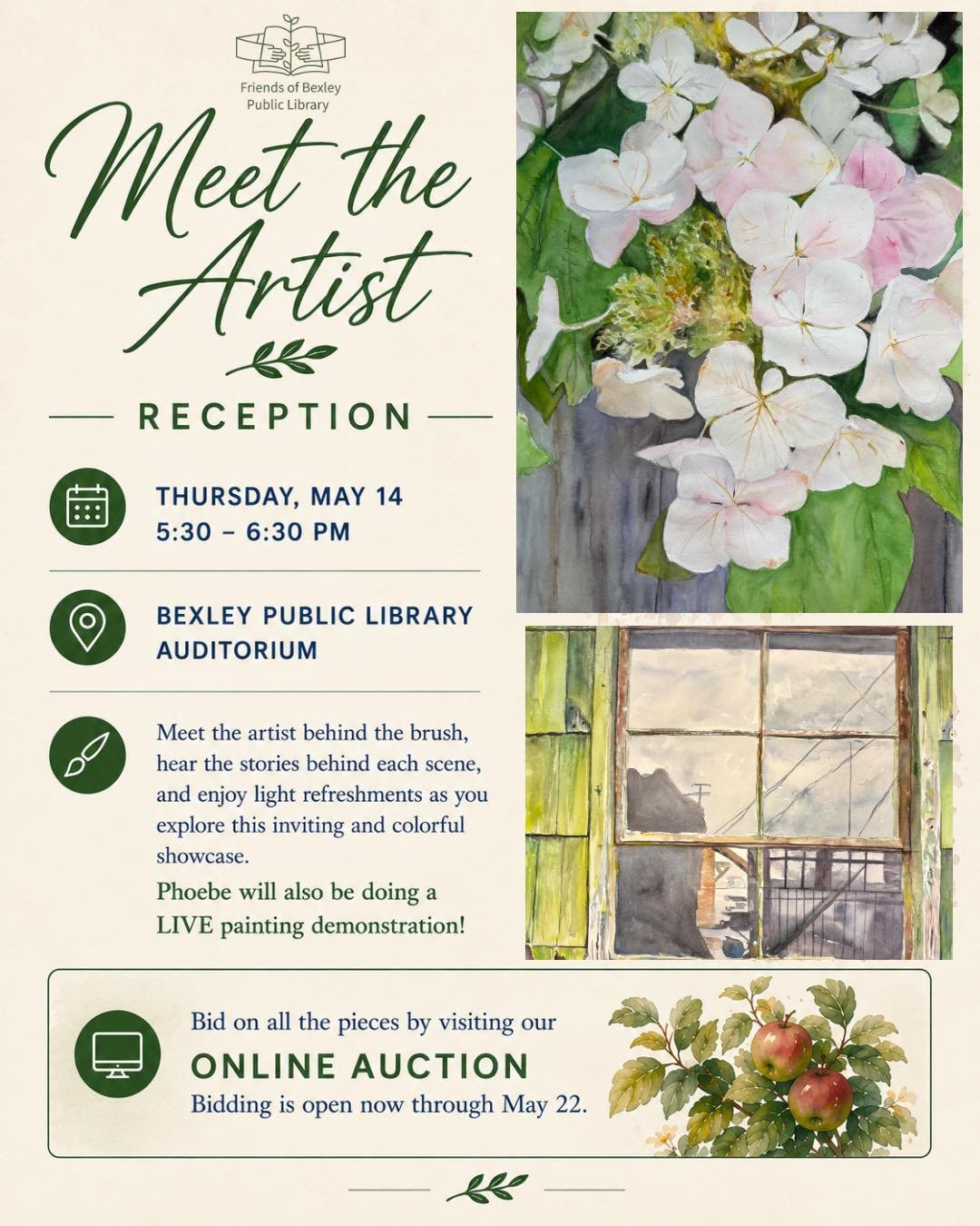 Meet the artist behind the brush, hear the stories behind each scene, and enjoy light refreshments as you explore this inviting and colorful showcase of Bexley&rsquo;s alleys. Phoebe will also be doing a LIVE painting demonstration!

See all of the p