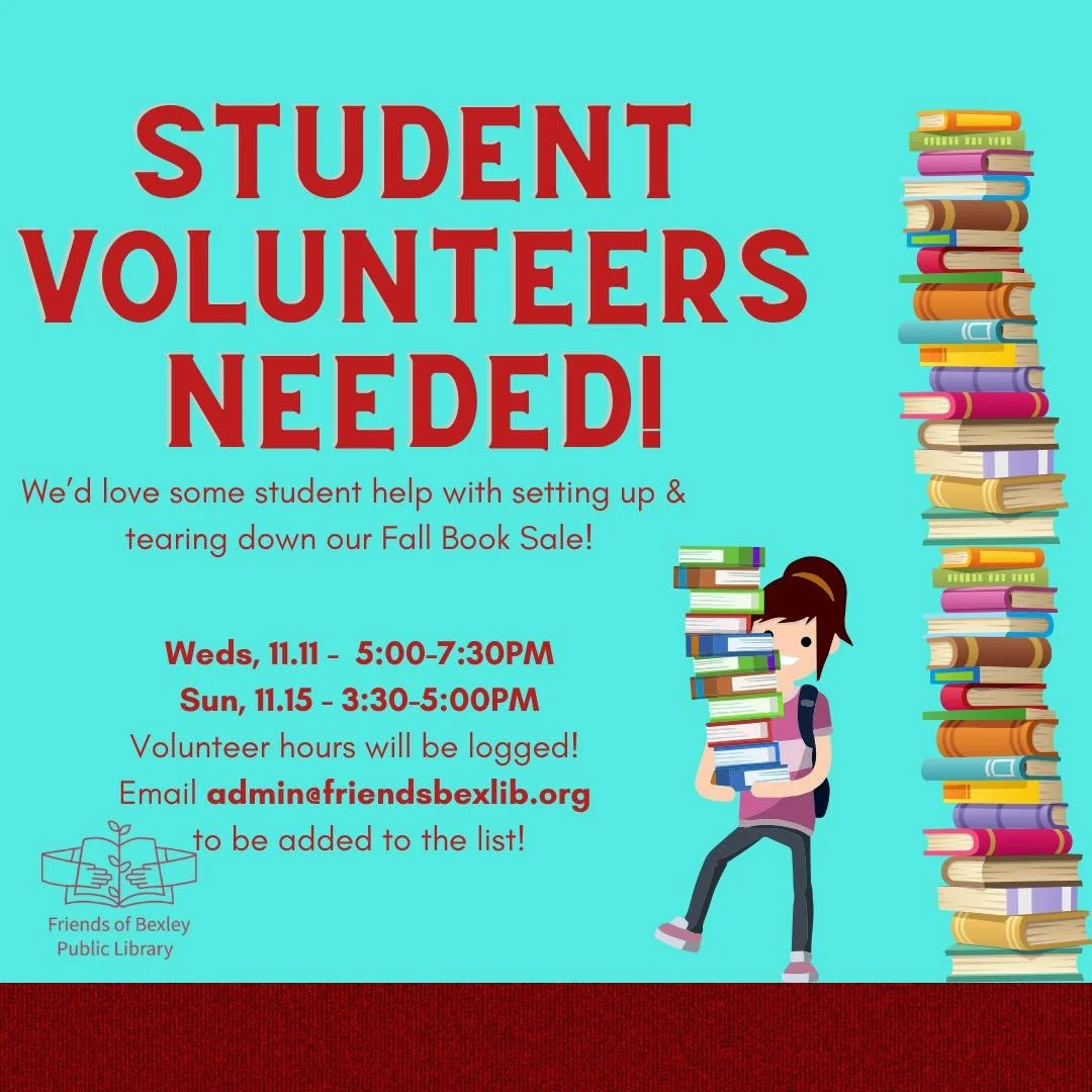 Our Fall Book Sale is rapidly approaching, and we&rsquo;d love some student volunteer help! Volunteers will be carrying and unloading boxes of books during the set up and tear down phases of our sale. 
📚Set Up: Wednesday, 11.11, 5:00-7:30PM

📚Tear 