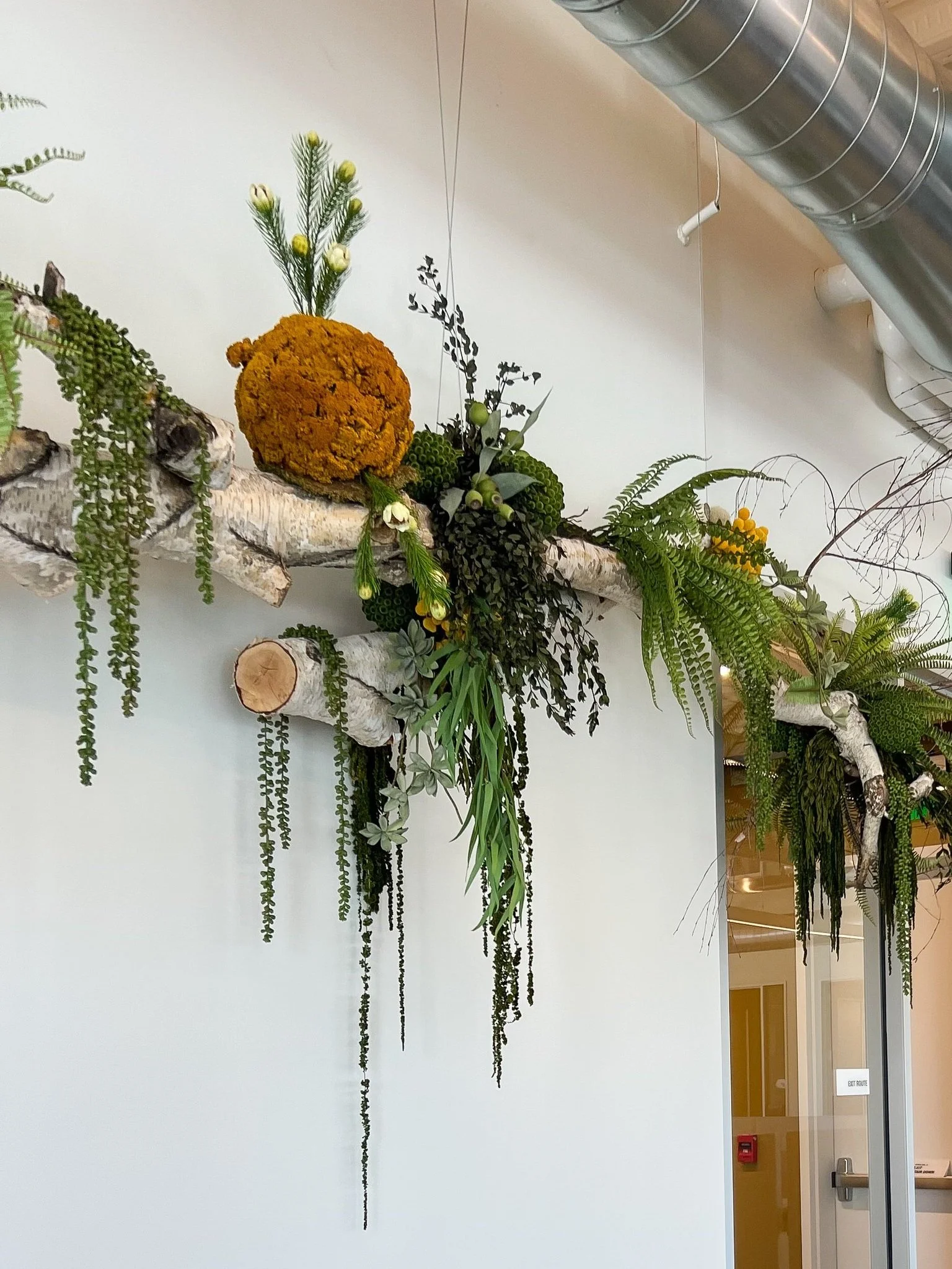 Interior wall decoration with birch branches, greenery, and yellow floral arrangements, hanging from the ceiling.