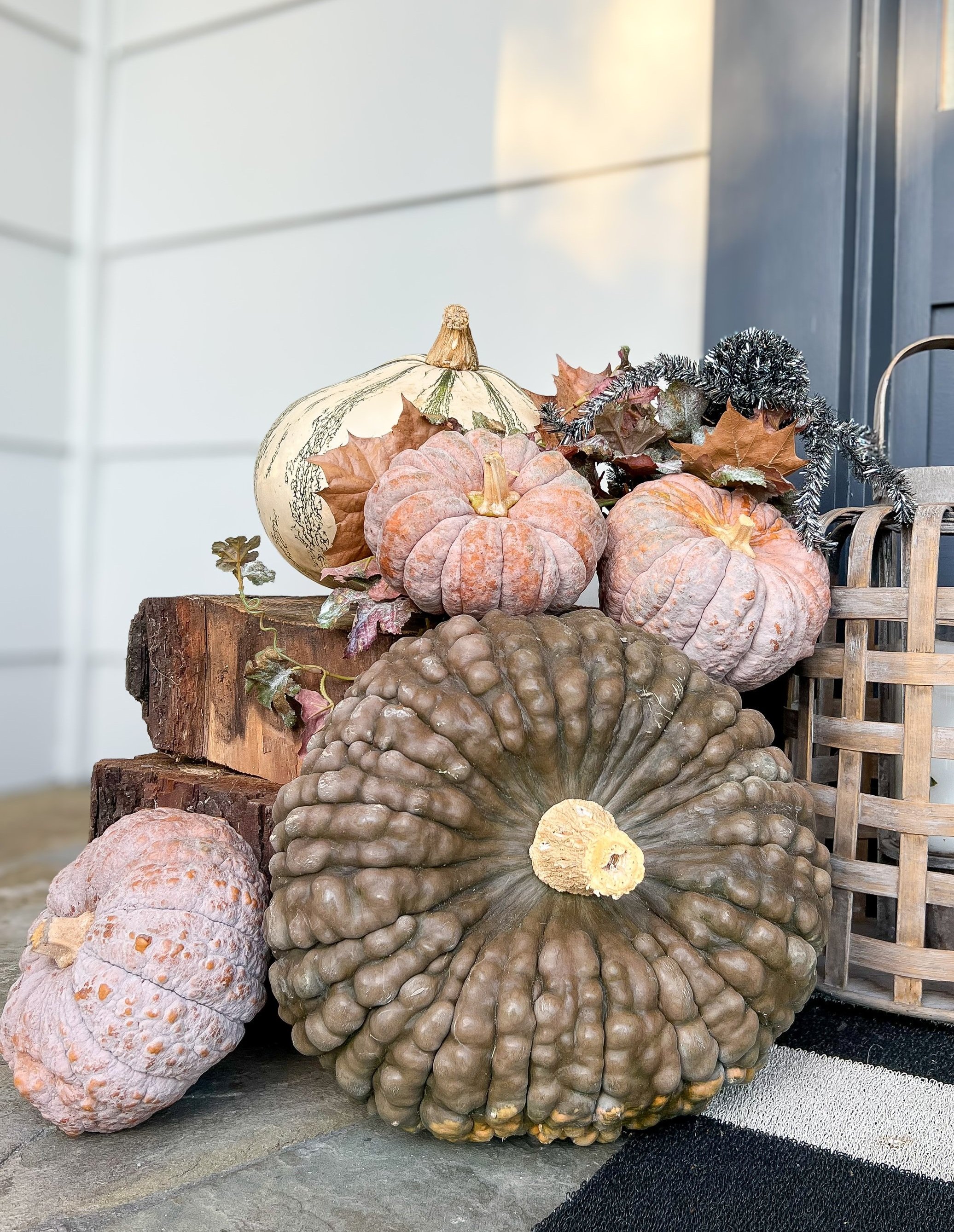 Arrangement of various pumpkins and gourds with fall leaves on a porch.