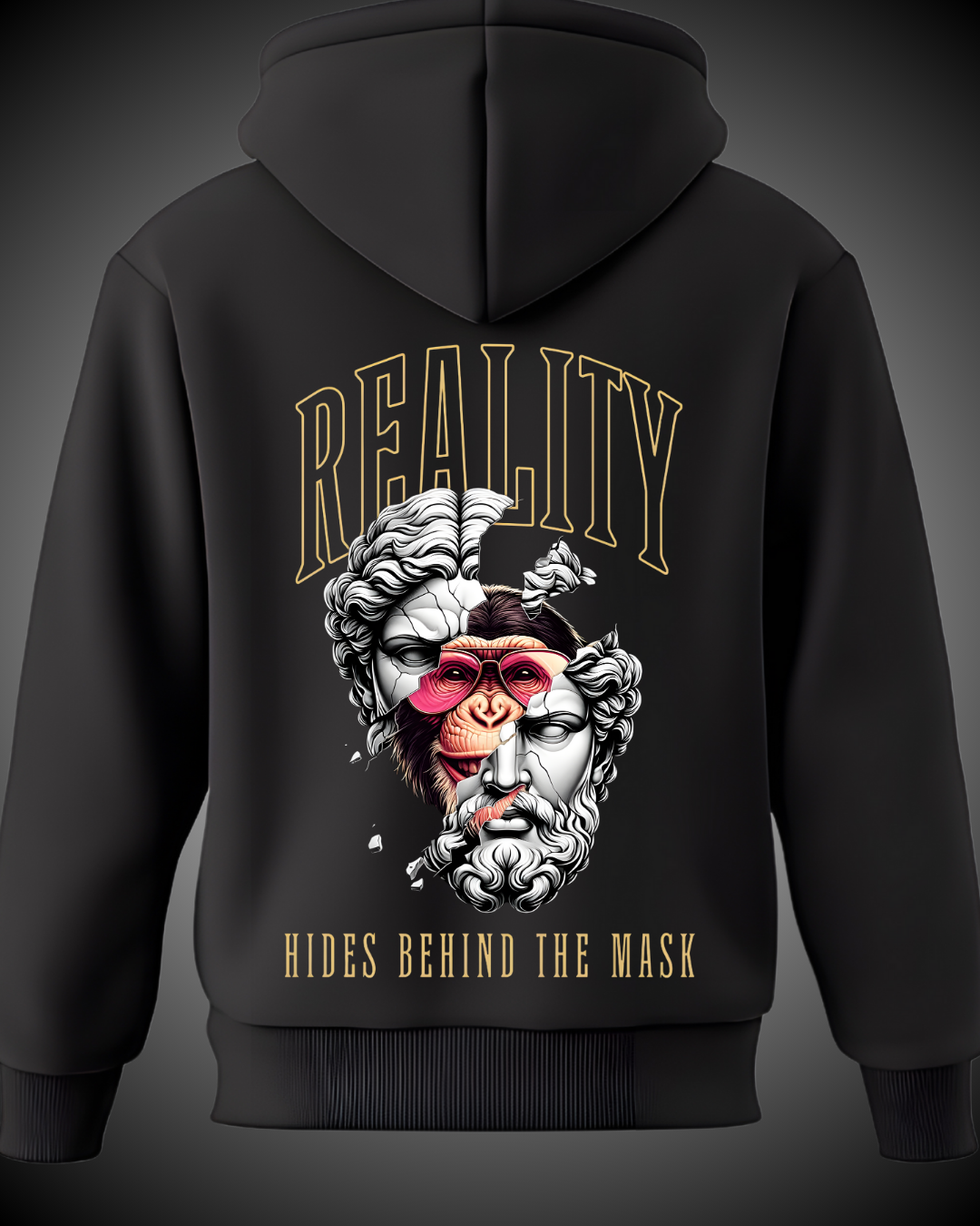 Sudadera Unisex-Negra- Diseño dios griego partido saliendo un mono.png