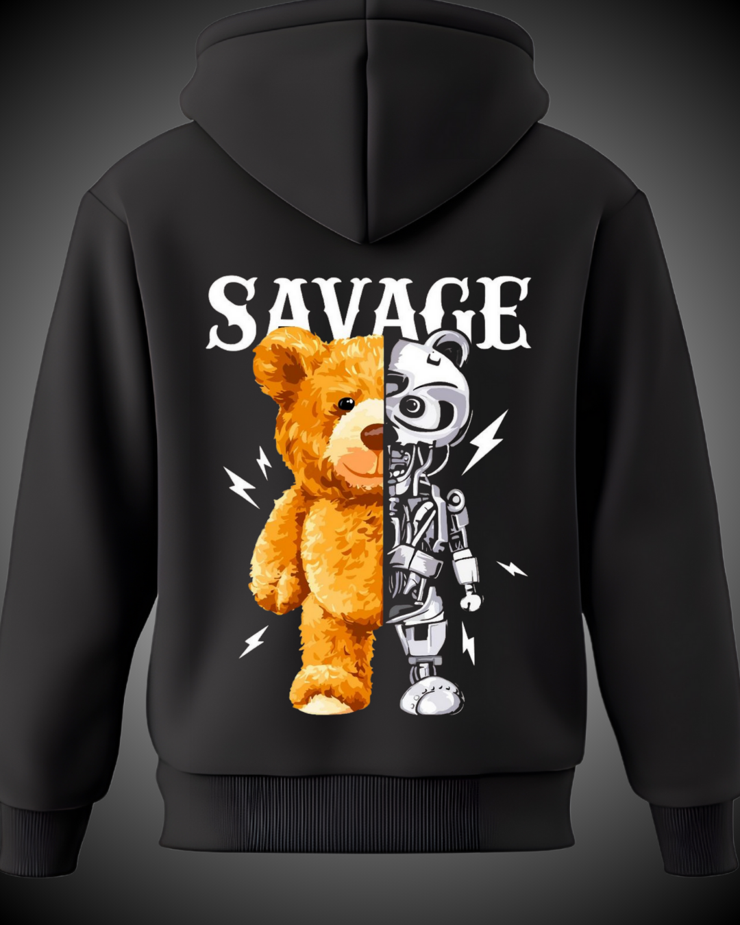 Sudadera Unisex-Negra- Diseño oso amarillo con un lado de robot.png