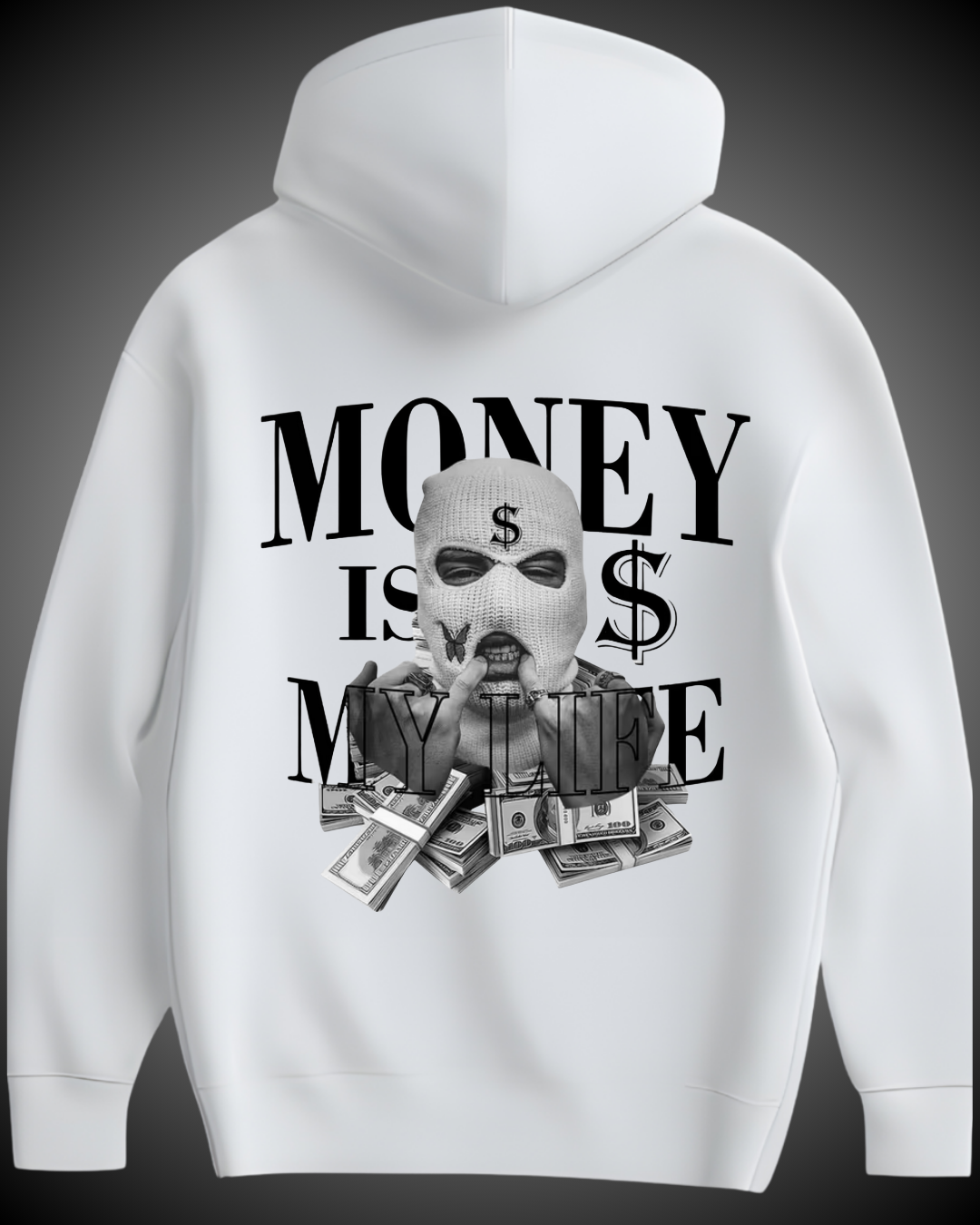 Sudadera Unisex-Blanca-Diseño money con un encapucado.png