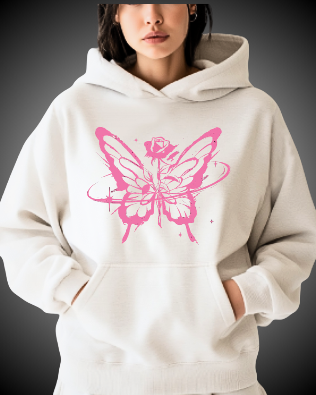 Sudadera Blanca-Unisex- Diseño mariposa delineada rosa.png