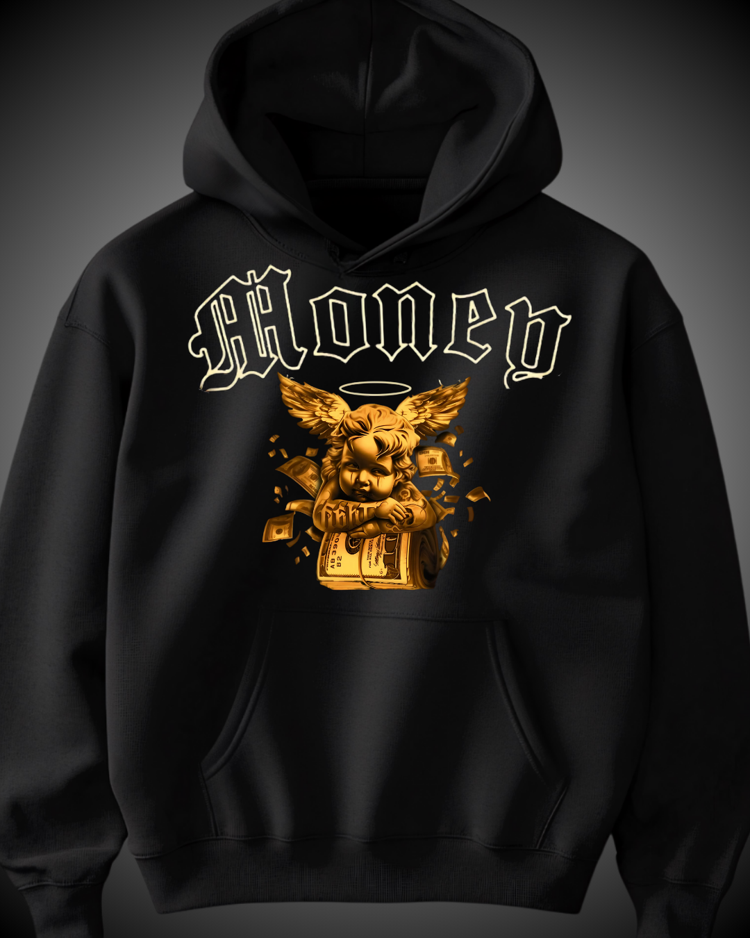 Sudadeta Negra-Unisex-Diseño Money con un angel de oro debajo.png