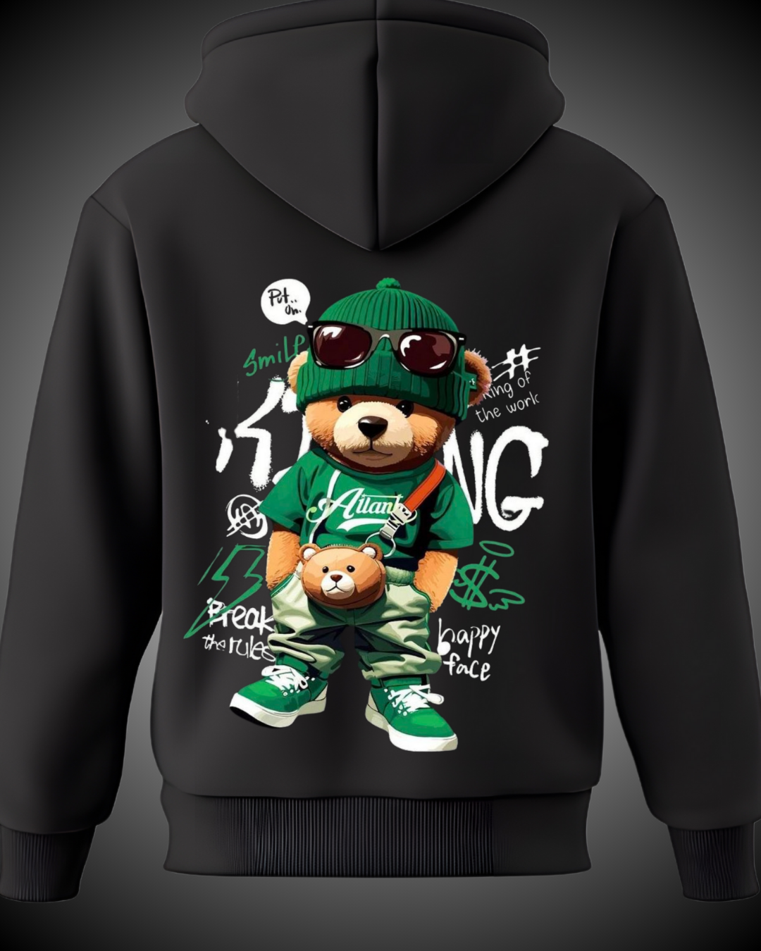 Sudadera Unisex-Negra- Diseño oso con ropa verde.png