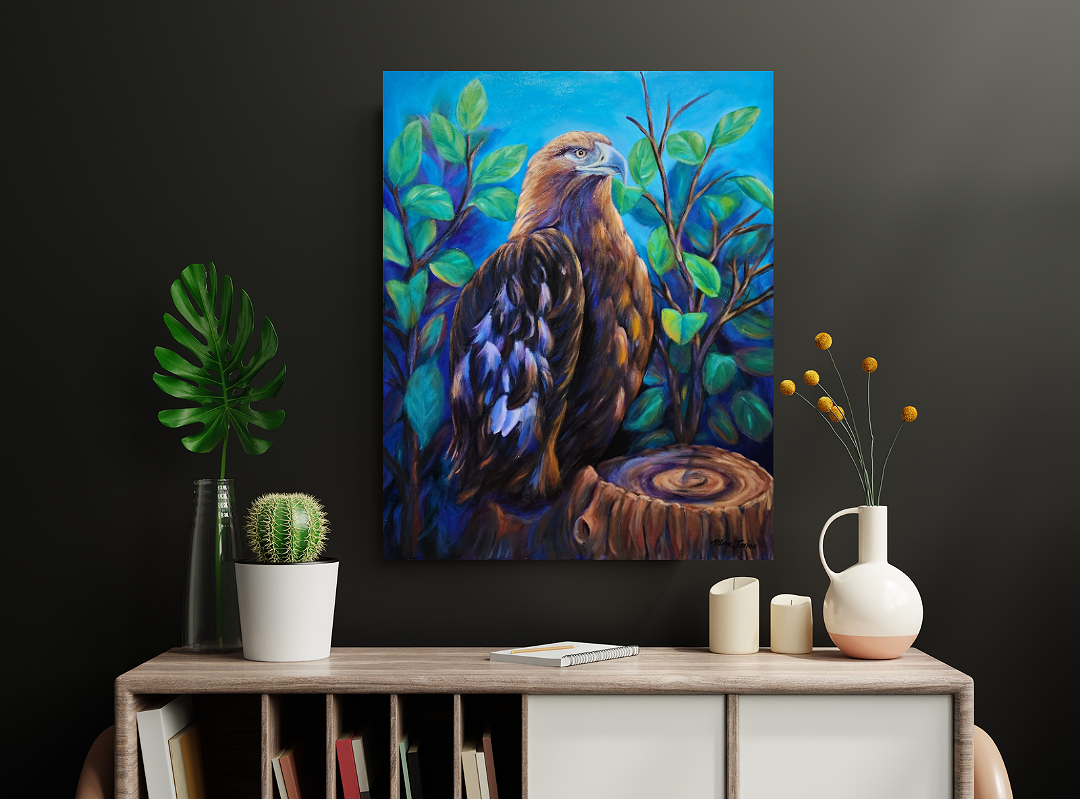 "Golden On A Stump"  
Original 24" x 30" Acrylics on Canvas
By Nina Senrdrijas Jones/ Gaia's Portrait

SHOP at HELLO ART - Nina Sendrijas Jones