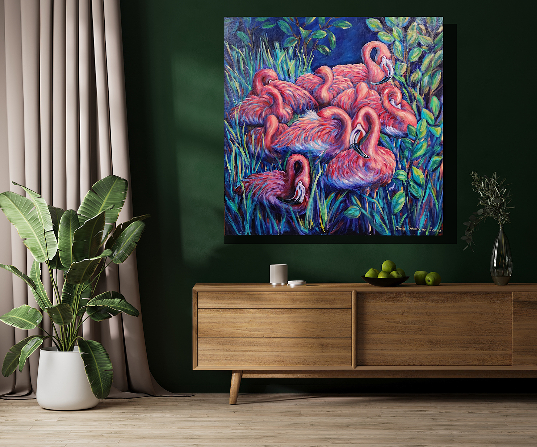 "Resting Flamingoes"
Original 36" x 36" Acrylics on Canvas
By: Nina Sendrijas Jones/ Gaia's Portrait

SHOP at HELLO ART - Nina Sendrijas Jones