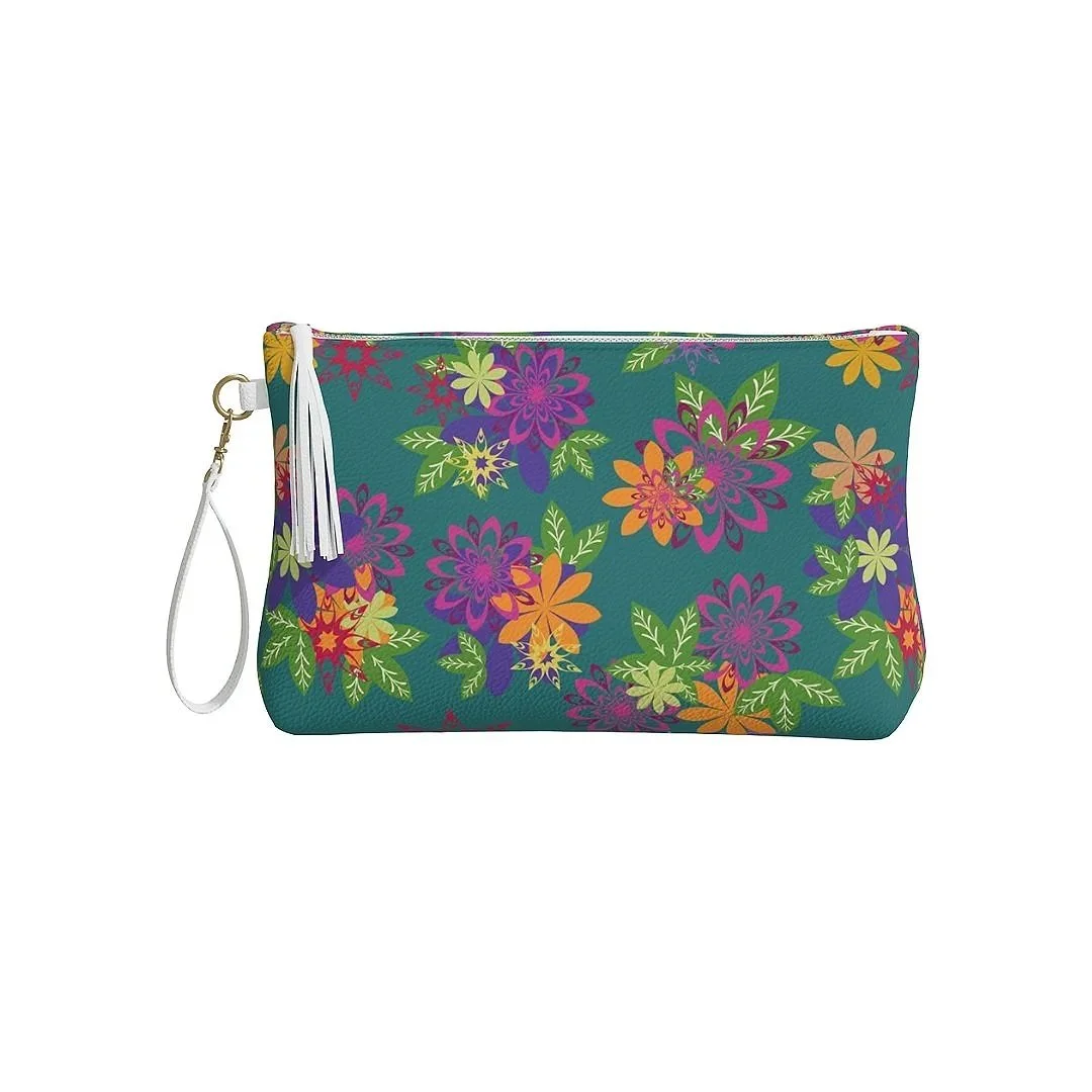 Dahlias Delight  Vegan Leather Makeup Bag - Turquoise