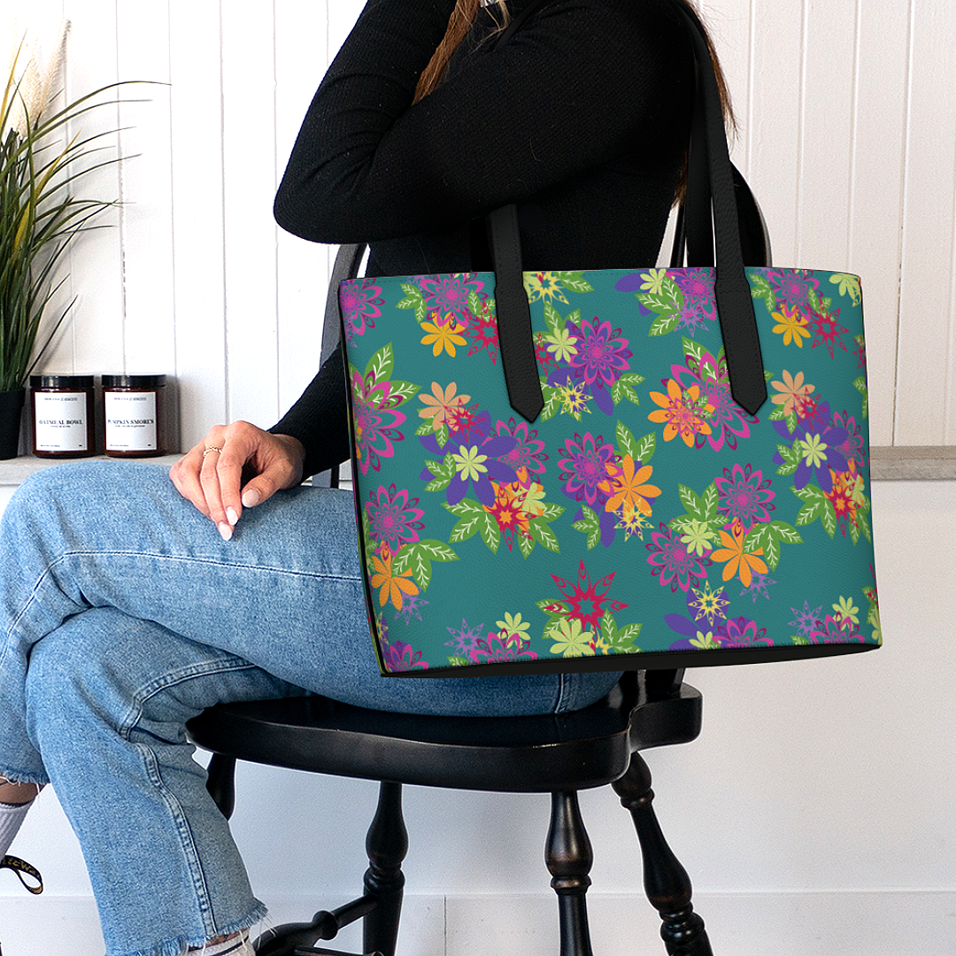 Dahlias Delight Vegan Leather Tote Turquoise