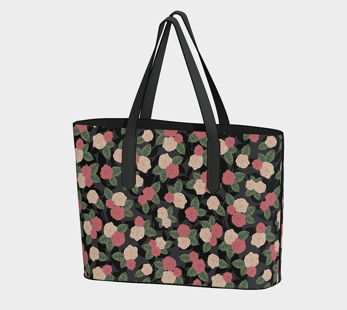 Roses Vegan Leather Tote Bag Black