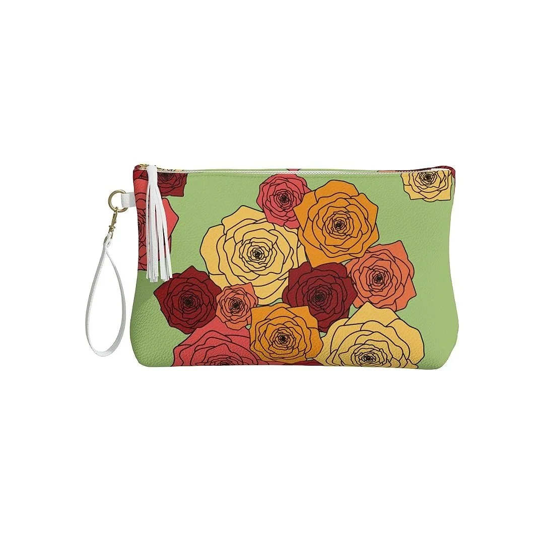 Bold Roses Vegan Leather Makeup Bag - Green
