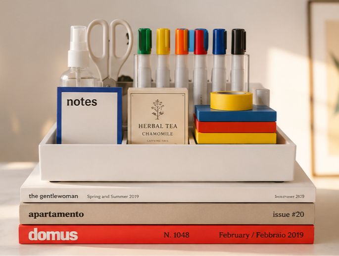 A neat stck of books and office supplies