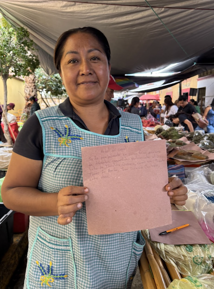 A woman standing at an outdoor market stall, holding a piece of paper with handwritten text. There are other people and market items in the background.
