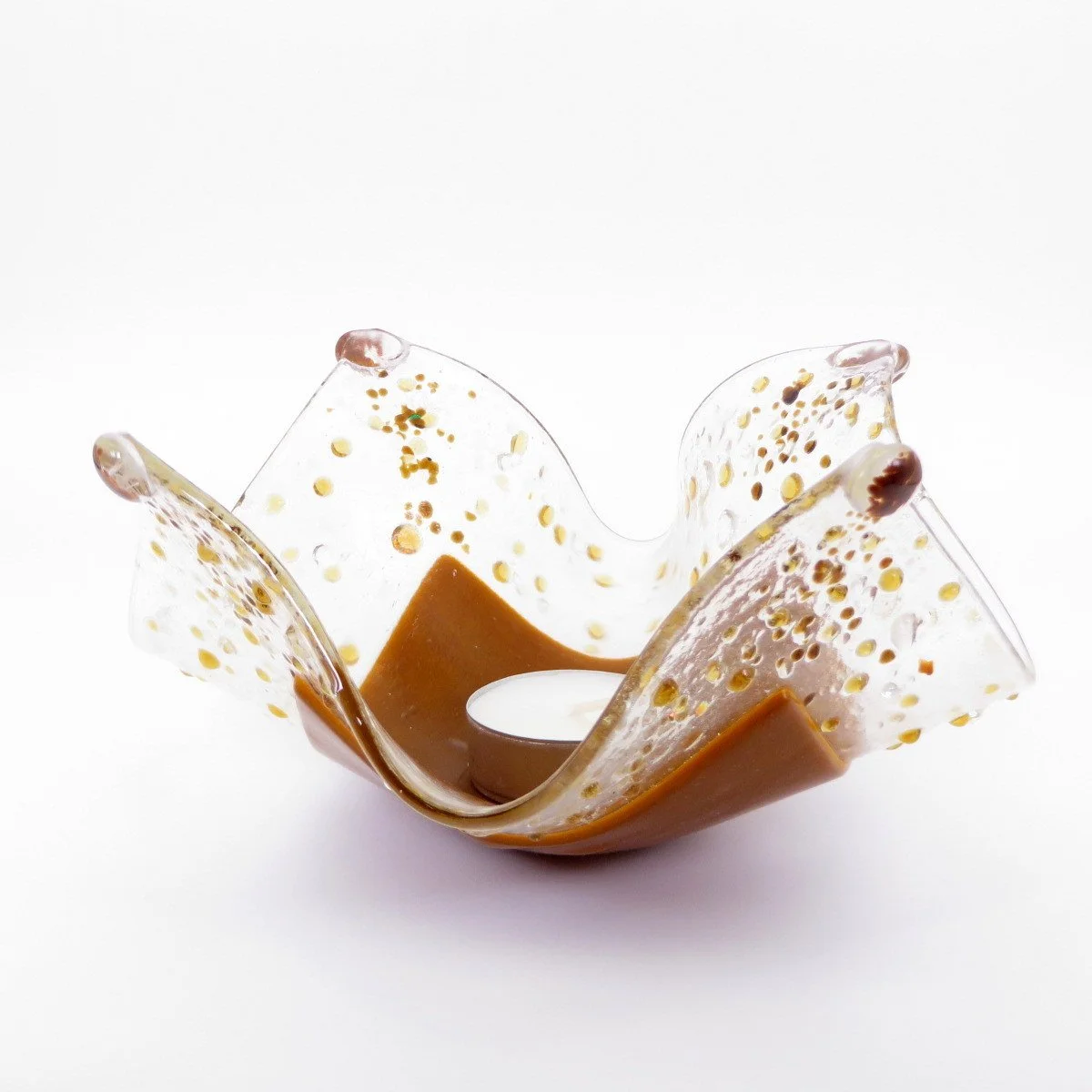  VA260016:  Tealight, Larger-sized handkerchief shape with Tan base and Clear/Tan beads, 17cm x 16.5cm.   Price: 59€   Click/tap  here  to enquire about this piece.