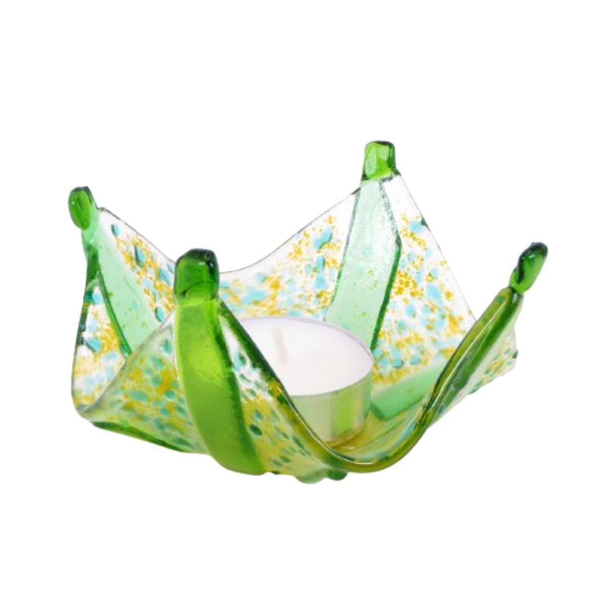 VA260011:  Tealight, Handkerchief shape with Green & Yellow design on clear glass, 10cm x 10cm.   Price: 39€   Click/tap  here  to enquire about this piece.