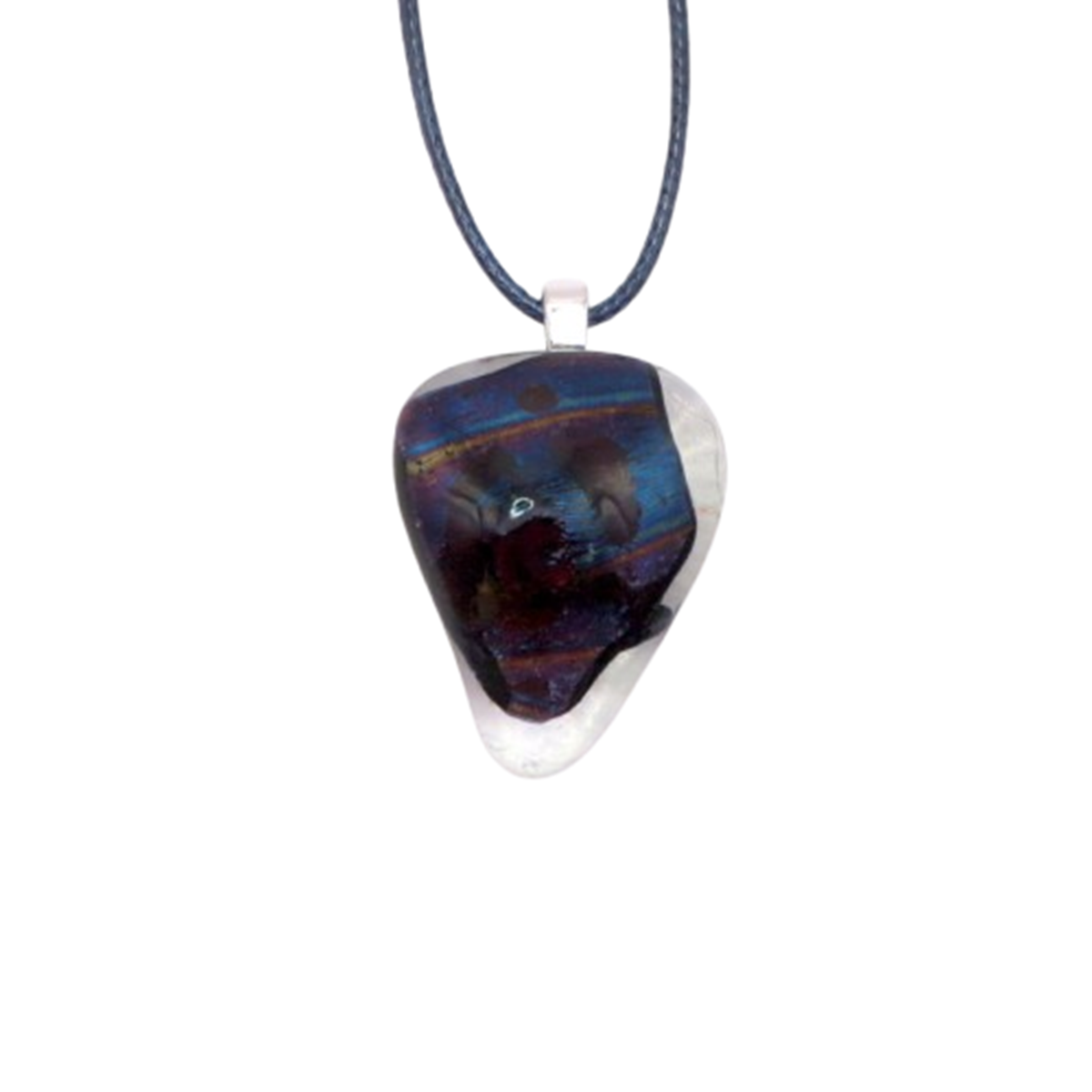  VA260023:  Necklace on cord – Clear glass with Purple & Navy design, 2.5cm by 3.5cm.   Price: 35€   Click/tap  here  to enquire about this piece.