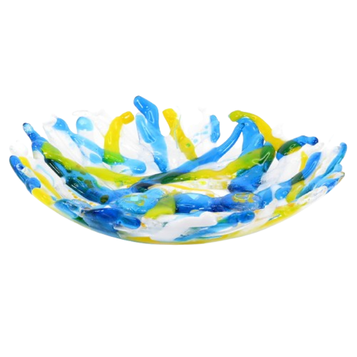 Large Bowl made from Crystal, Turquoise, White & Yellow strips with large glass beads and Dichroic shapes.
