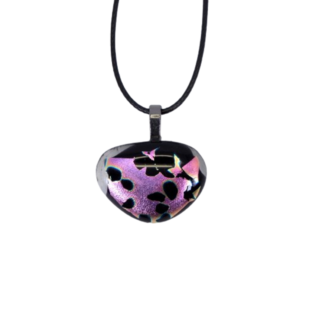  VA260018:  Necklace on cord – Dichroic glass with Black & Pink design – almost heart-shaped, 3cm x 2.5cm.   Price: 49€   Click/tap  here  to enquire about this piece.