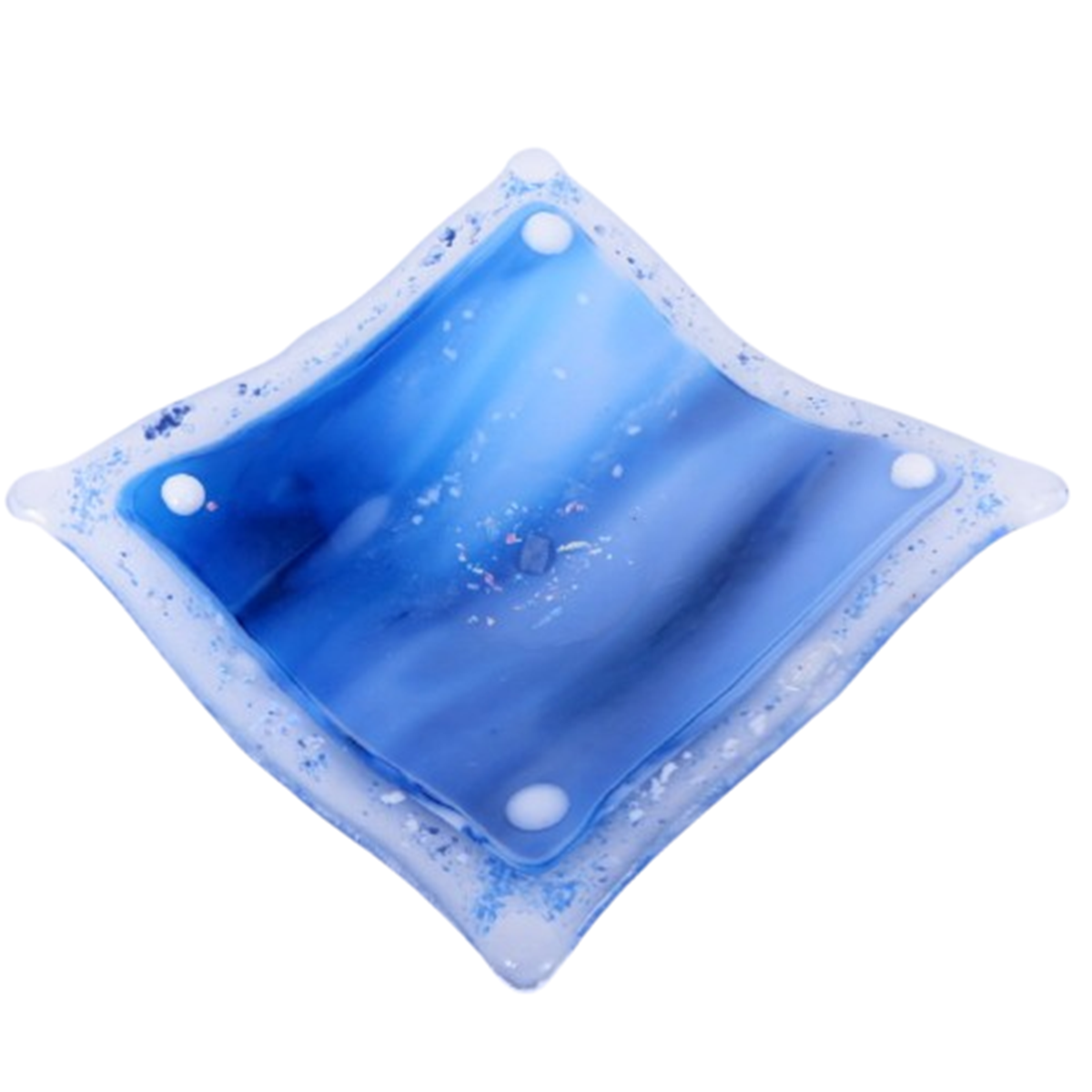  VA260033:  Shallow Dish in a handkerchief shape, made from streaky glass in Royal & Turquoise with a pretty decorative edge – can be used for a tealight, jewellery or sweets, 14.5cm x 14.5cm.   Price: 39€   Click/tap  here  to enquire about this pie