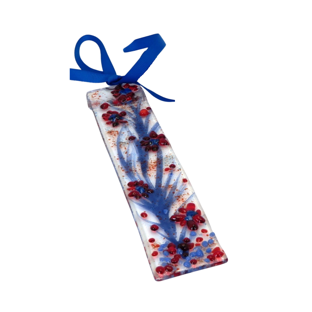 Suncatcher displaying Red & Royal flowers.