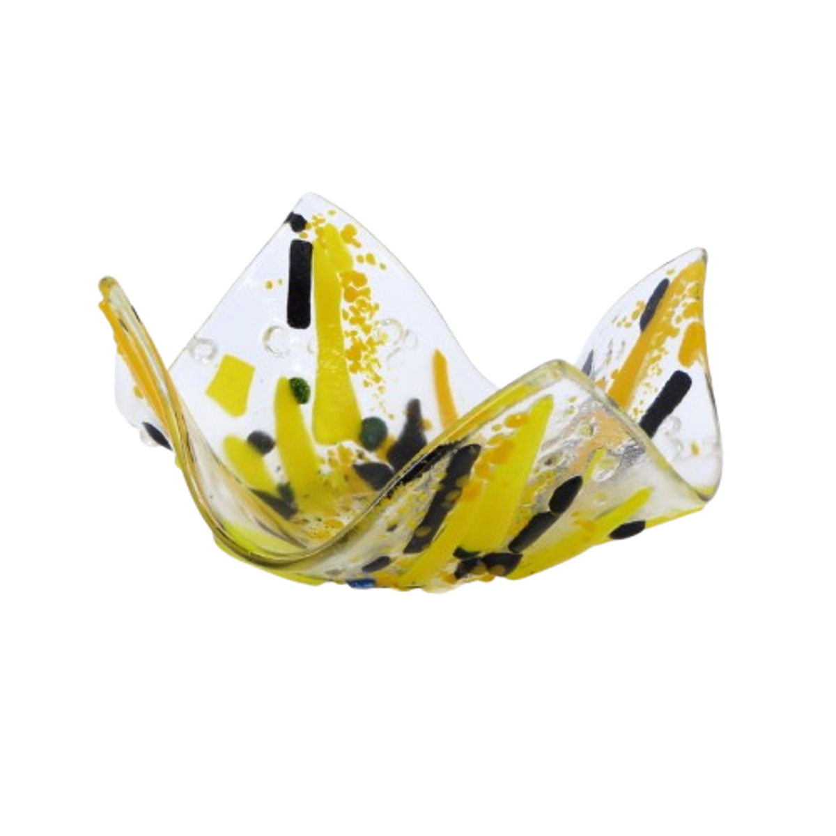  VA260028:  Tealight, Handkerchief shape with Black & Yellow design on clear glass, 12cm x 11.5cm x 6cm(H).   Price: 39€   Click/tap  here  to enquire about this piece.