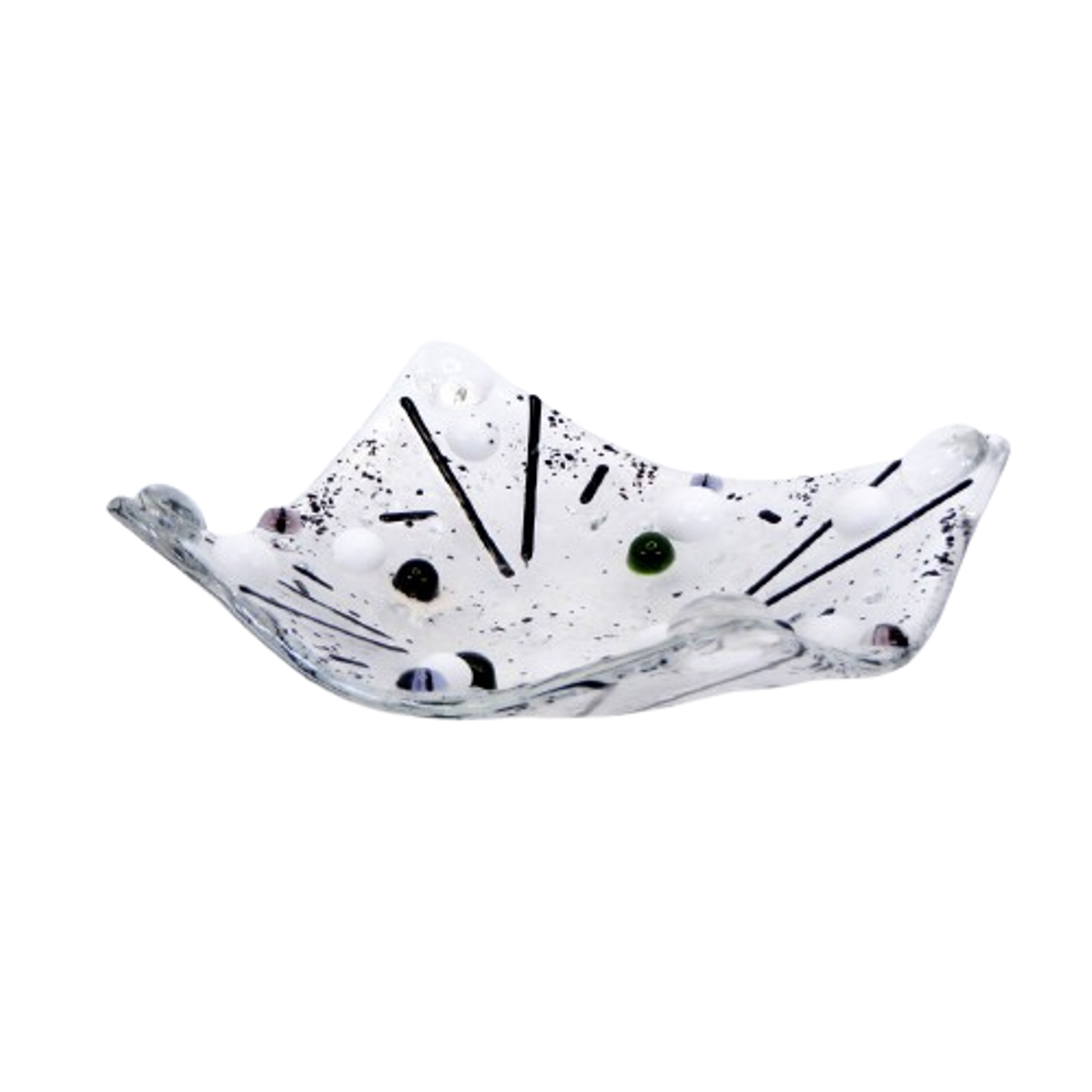  VA260025:  Tealight, Handkerchief shape with Black & White design on clear glass, 9cm x 9cm.   Price: 29€   Click/tap  here  to enquire about this piece.