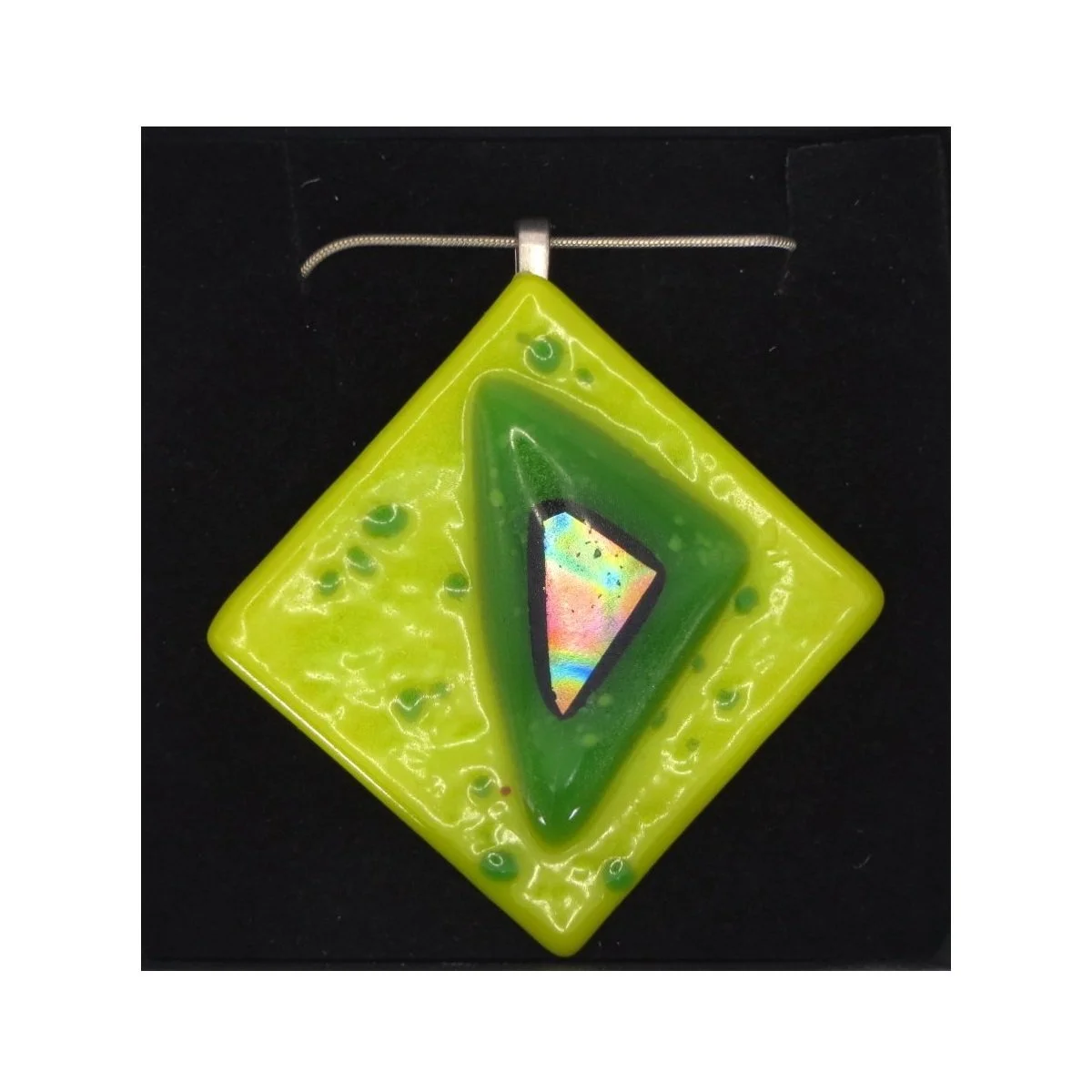  VA260002:  Necklace on chain – Dark Green diamond shape with Dichroic detail on Lime Green base, 6.5cm x 6.5cm.   Price: 35€   Click/tap  here  to enquire about this piece.