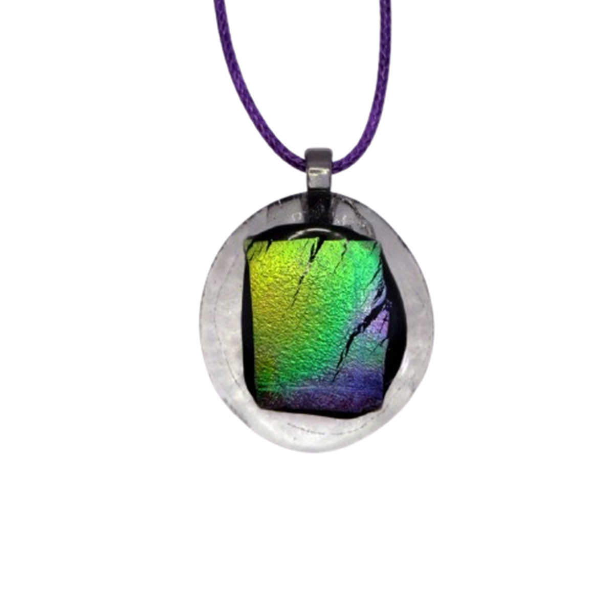  VA260024:  Necklace on cord – Clear glass base with Purple & Bright Green design, 3cm by 3.5cm.   Price: 35€   Click/tap  here  to enquire about this piece.