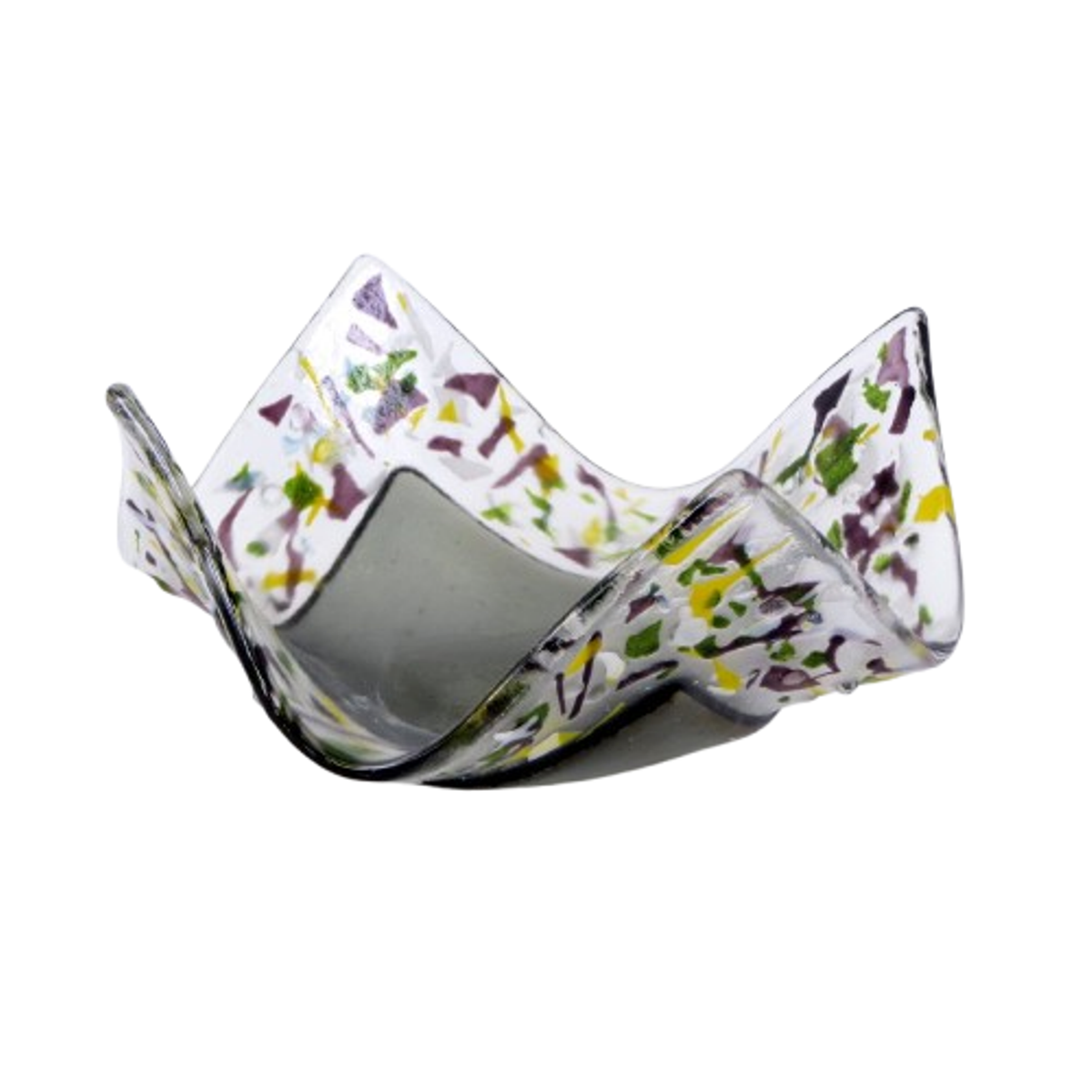  VA260029:  Tealight, Handkerchief shape with multi-colour centre and Green, Purple & Yellow edges, 12cm x 12cm x 6cm(H).   Price: 39€   Click/tap  here  to enquire about this piece.