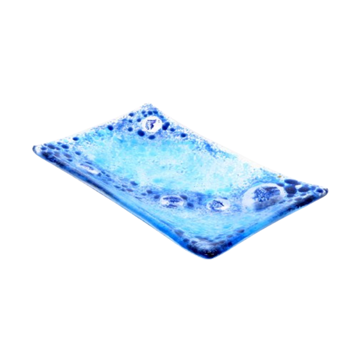  VA260032:  Shallow Rectangular Dish in tones of Royal, Turquoise & White – can be used for a tealight, jewellery or sweets, 15.5cm x 9.5cm.   Price: 39€   Click/tap  here  to enquire about this piece.