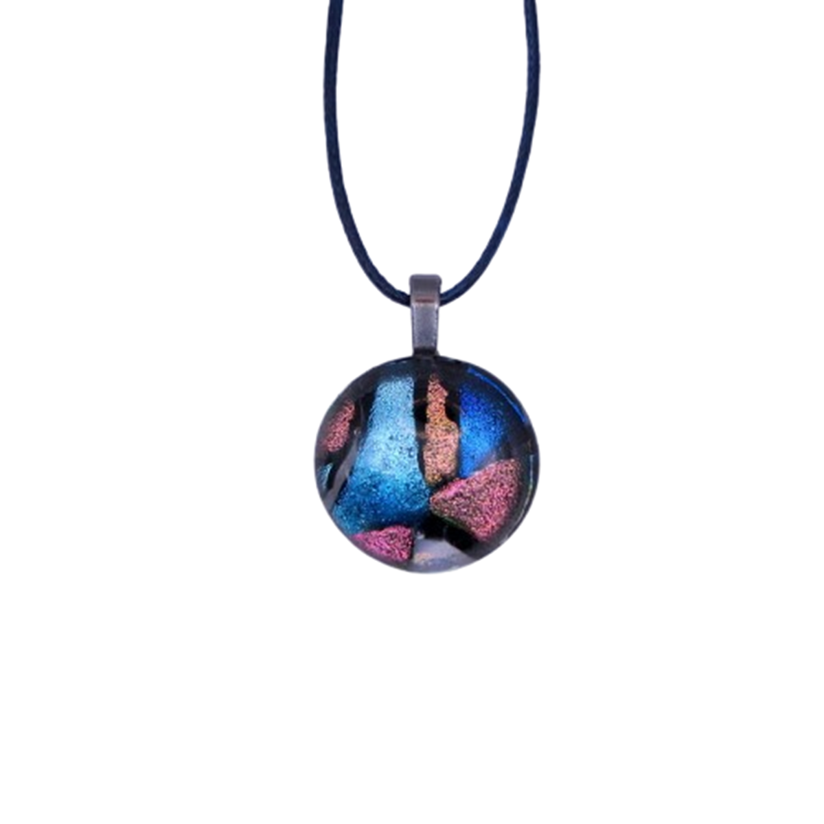  VA260035:  A cabochon-like necklace on a cord, similar to a gemstone but made with Dichroic glass, 2.5cm diameter.   Price: 59€   Click/tap  here  to enquire about this piece.