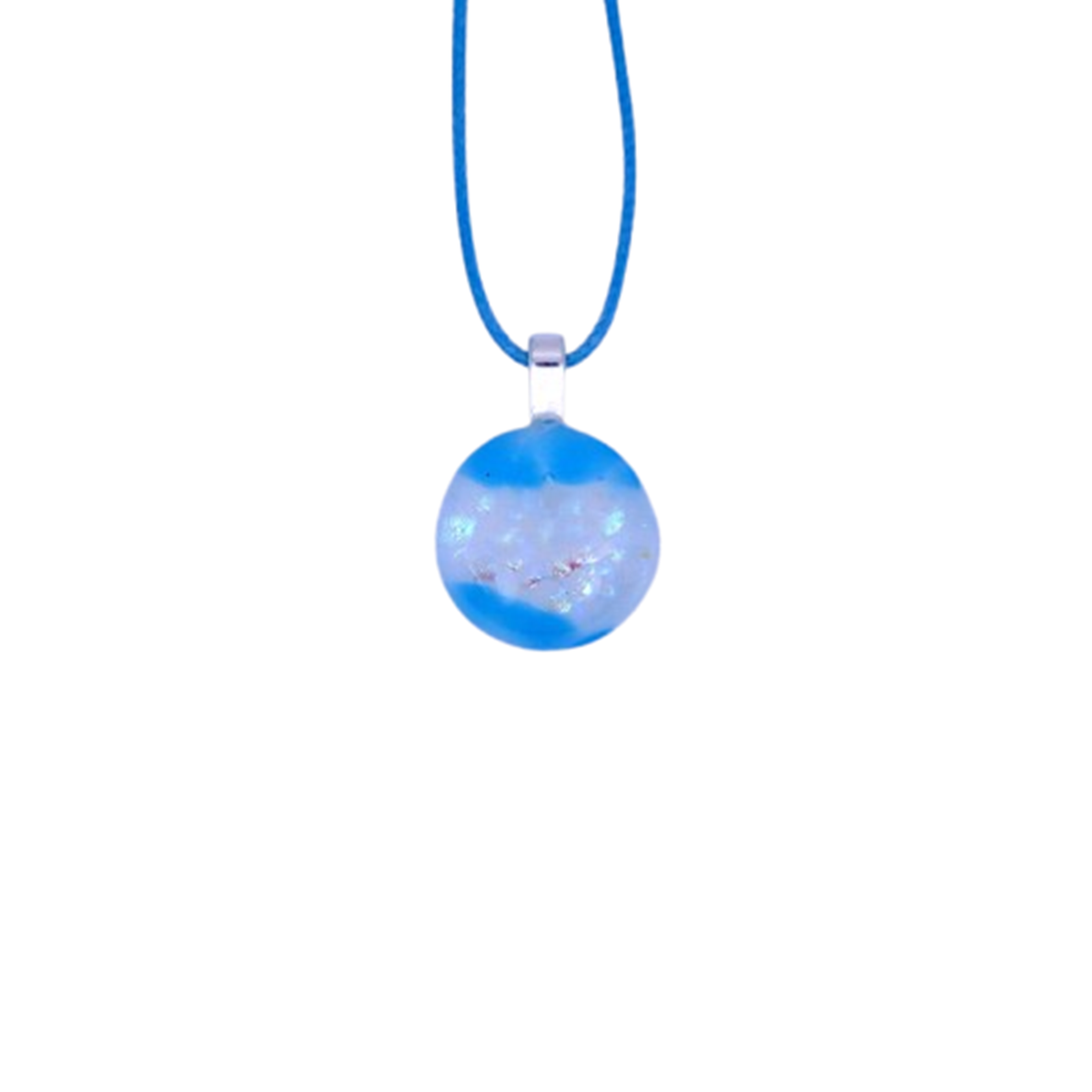  VA260038:  A cabochon-like necklace on a cord, similar to a gemstone but made with Dichroic glass, 2.5cm diameter.   Price: 39€   Click/tap  here  to enquire about this piece.