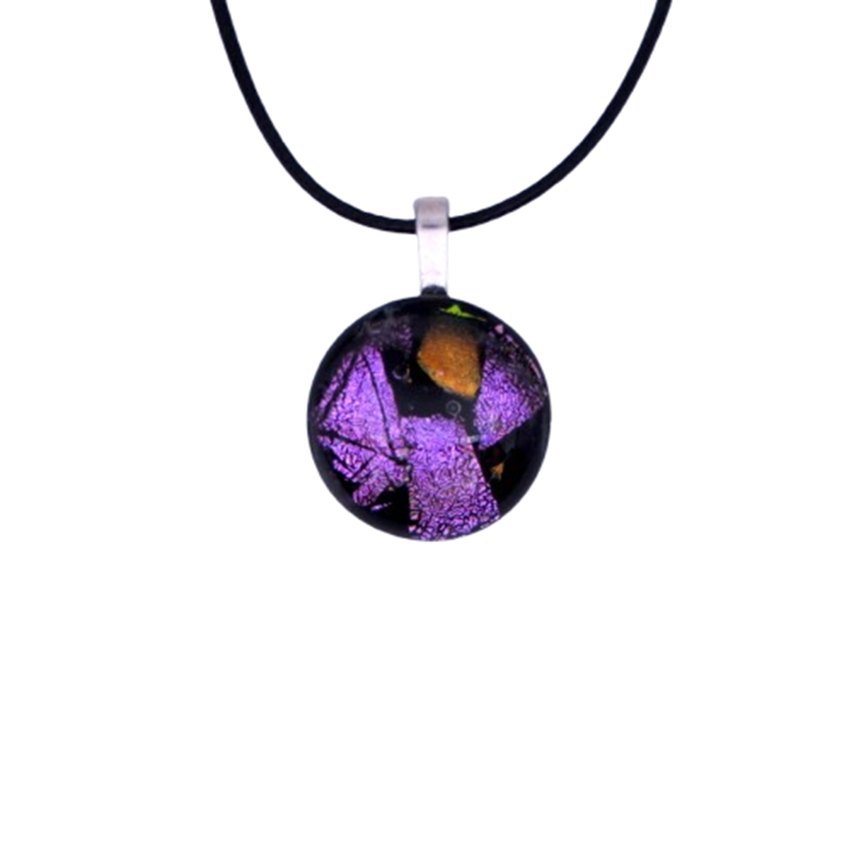 Fused glass cabochon-like necklace made from dichroic glass in multiple colours
