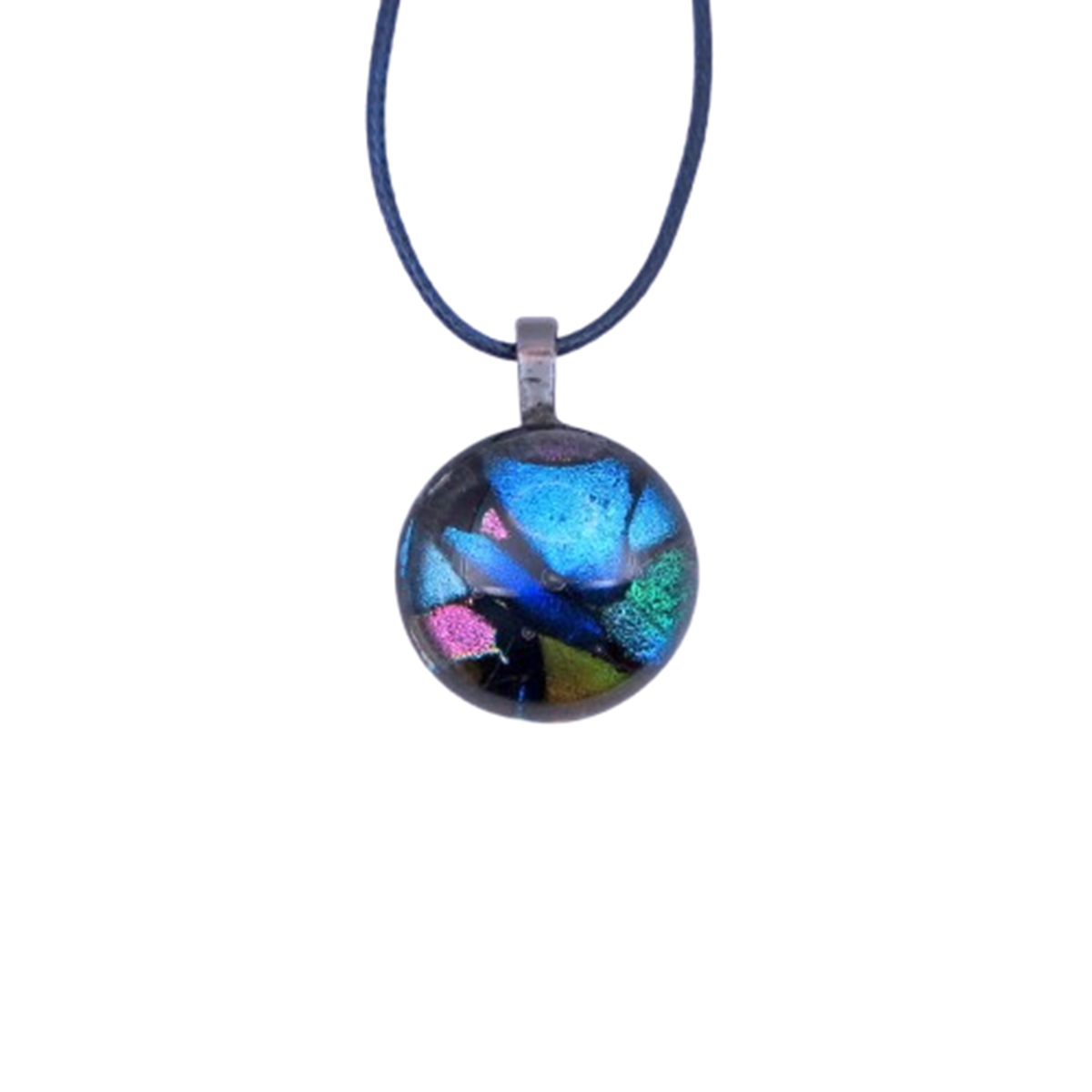  VA260034:  A cabochon-like necklace on a cord, similar to a gemstone but made with Dichroic glass, 2.5cm diameter.   Price: 59€   Click/tap  here  to enquire about this piece.