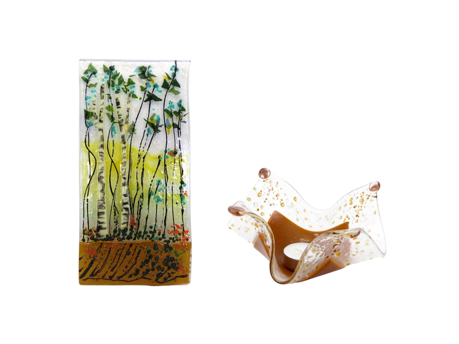 Two fused glass art pieces in tans, yellows and greens; glass picture and handkerchief-shaped tealight holder.