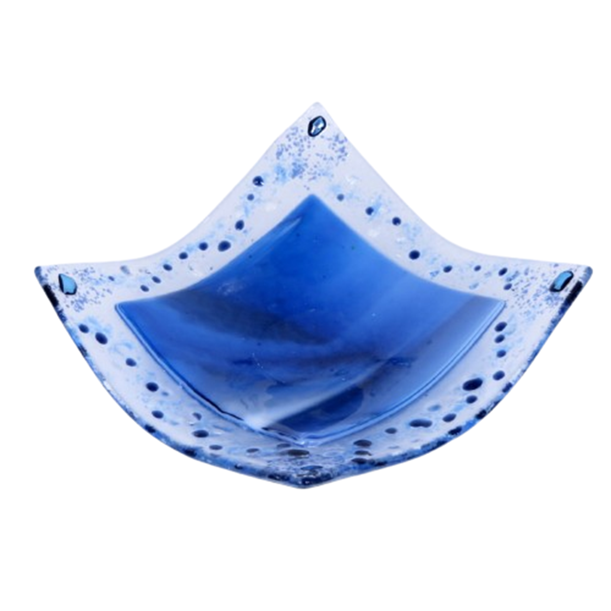 Shallow Fused Glass Dish in a handkerchief shape, made from streaky glass in Royal & Turquoise with a pretty decorative edge – can be used for a tealight, jewellery or sweets