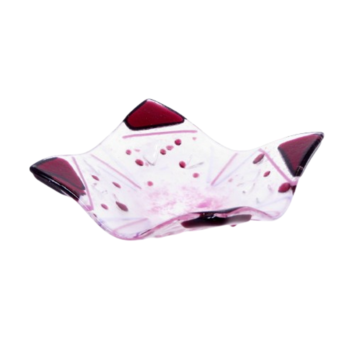  VA260009:  Shallow Dish, Handkerchief shape with Dark Plum design on clear glass, 10cm x 10cm.   Price: 30€   Click/tap  here  to enquire about this piece.