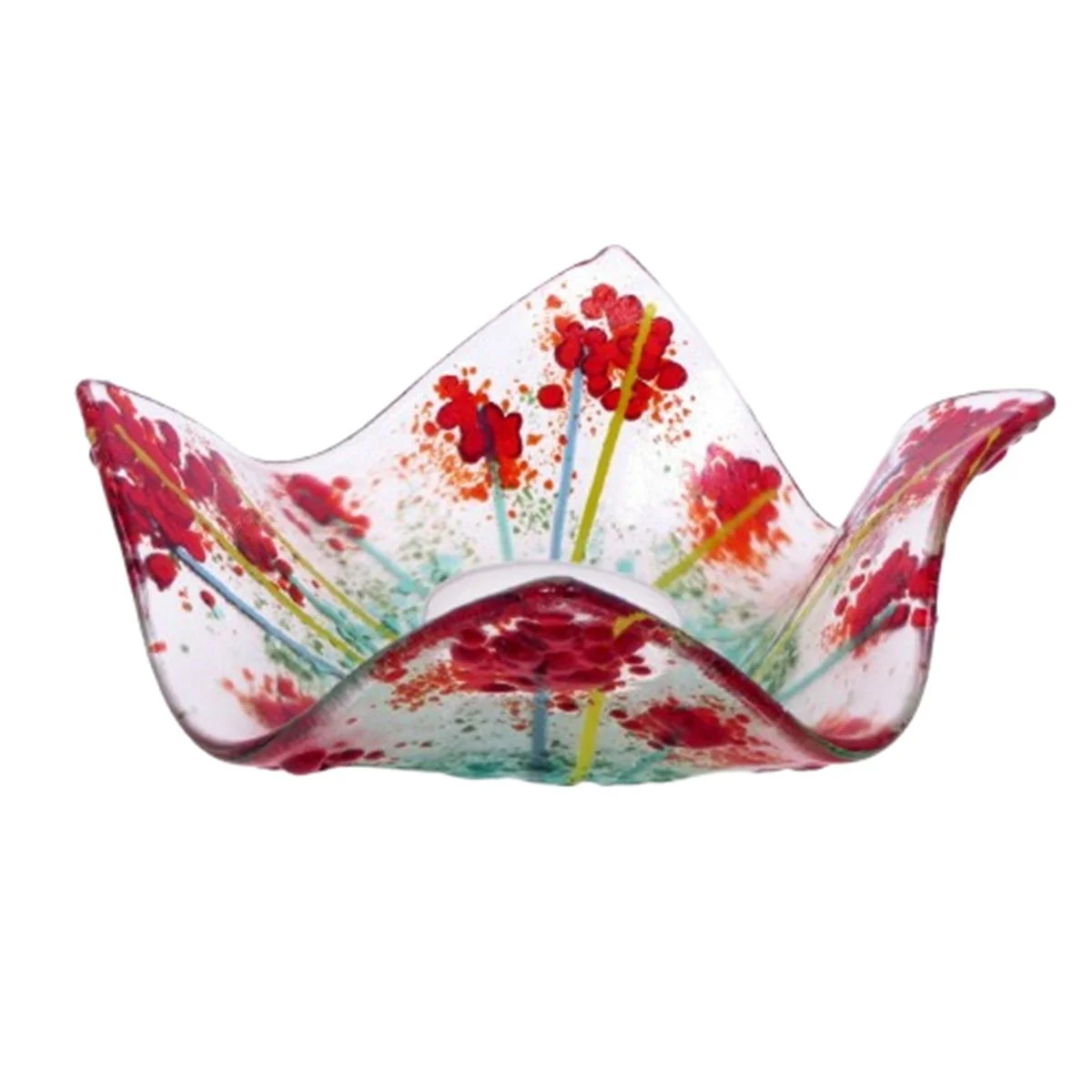  VA260014:  Tealight, Handkerchief shape with Red flower design on clear glass, 13cm x 13cm.   Price: 39€   Click/tap  here  to enquire about this piece.