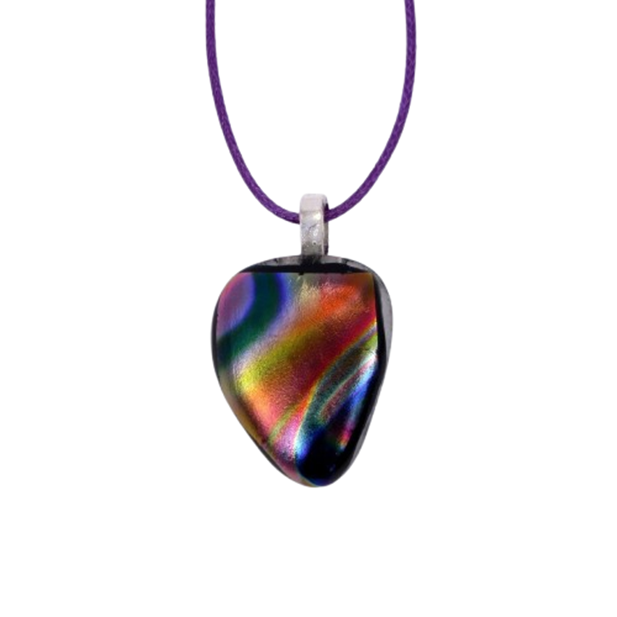 Fused glass necklace made from dichroic glass in multiple colours of Blue, Orange & Purple.